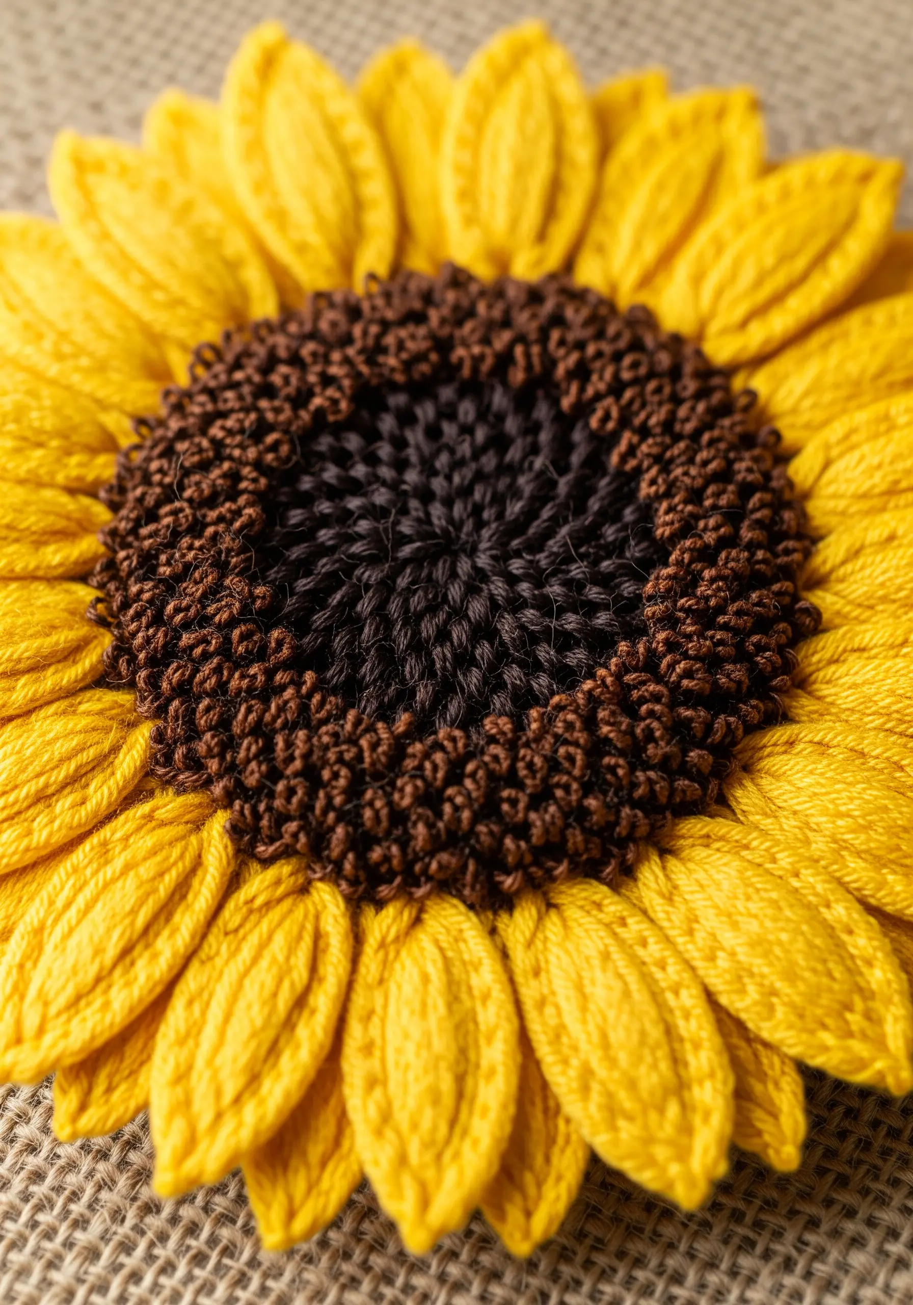 Close-up of sunflower embroidery with 3D woven petals and textured knot center