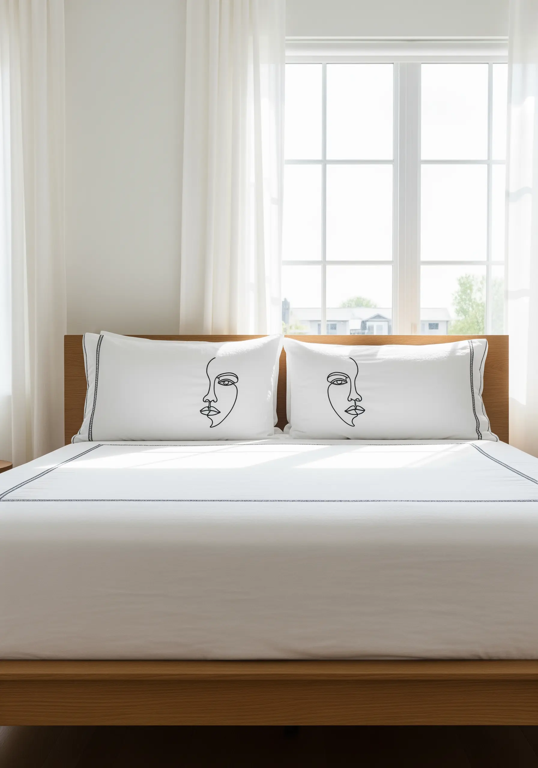 Minimalist one-line face embroidery on white pillowcases.