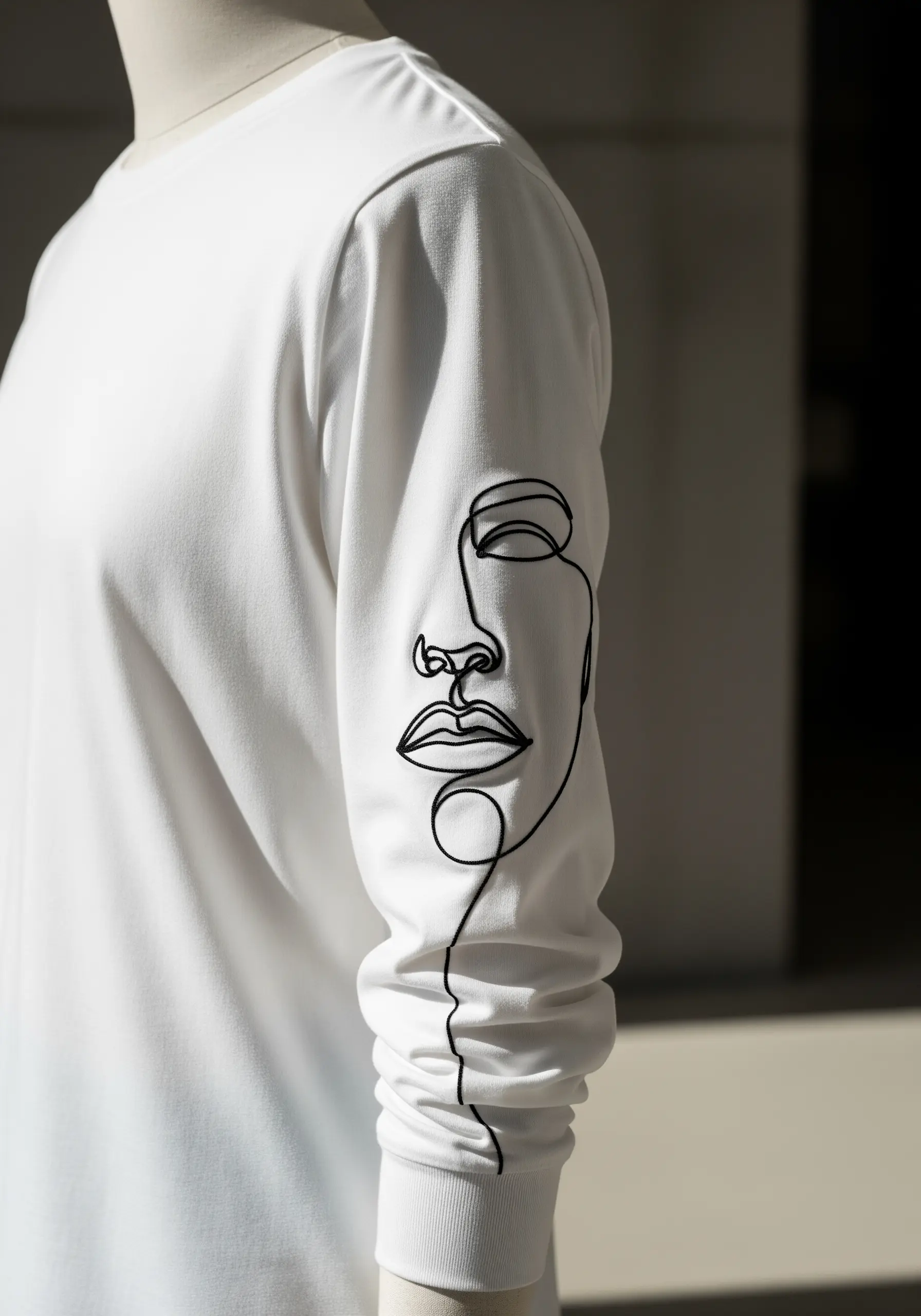 A minimalist, continuous single-line art portrait of a face embroidered in black on a white sleeve.