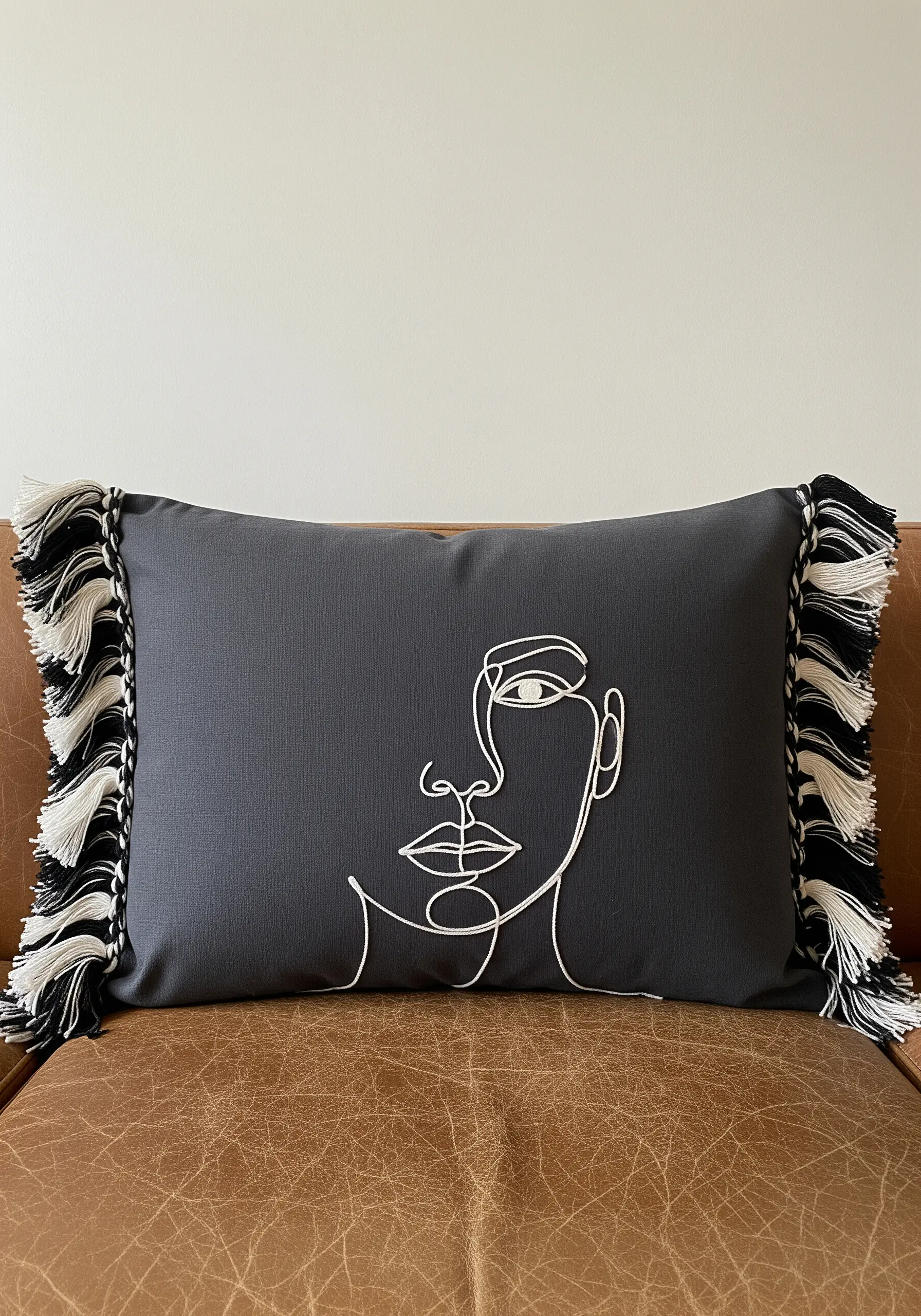 A minimalist line art face embroidered on a dark gray pillow with black and white fringe.