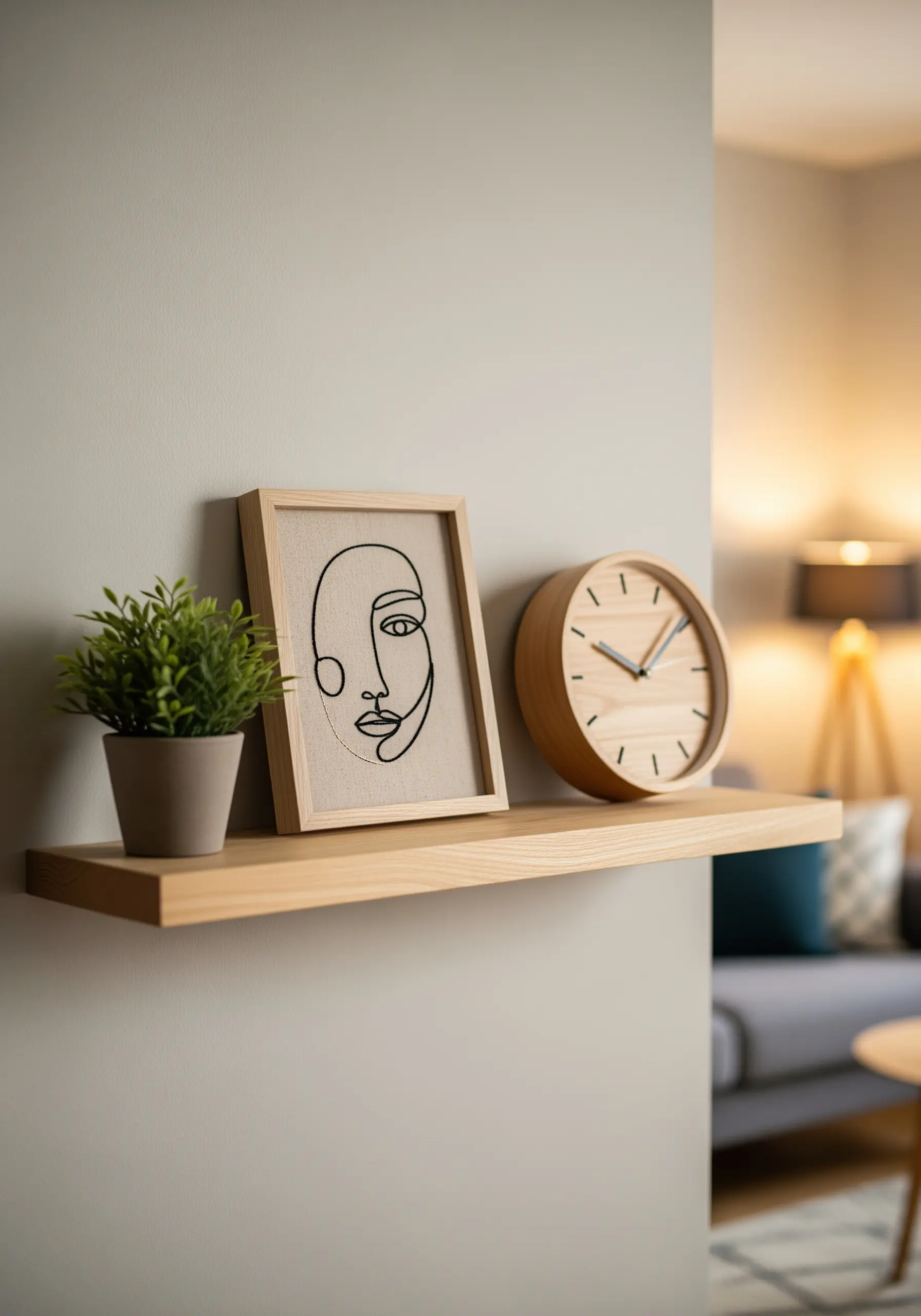Abstract face line art embroidery in a wooden frame