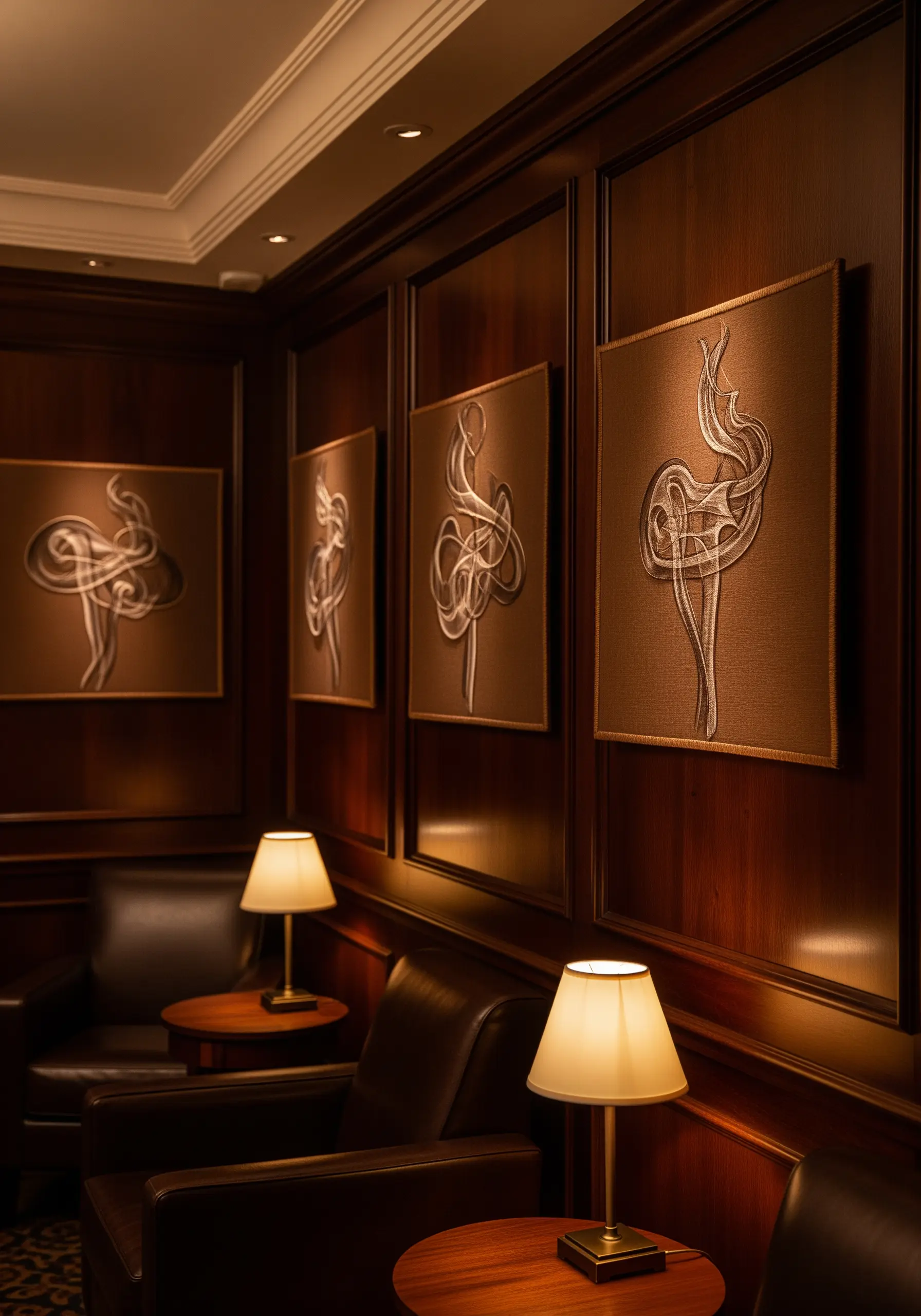 A series of framed artworks showing abstract dancers created with a single, continuous silver line.