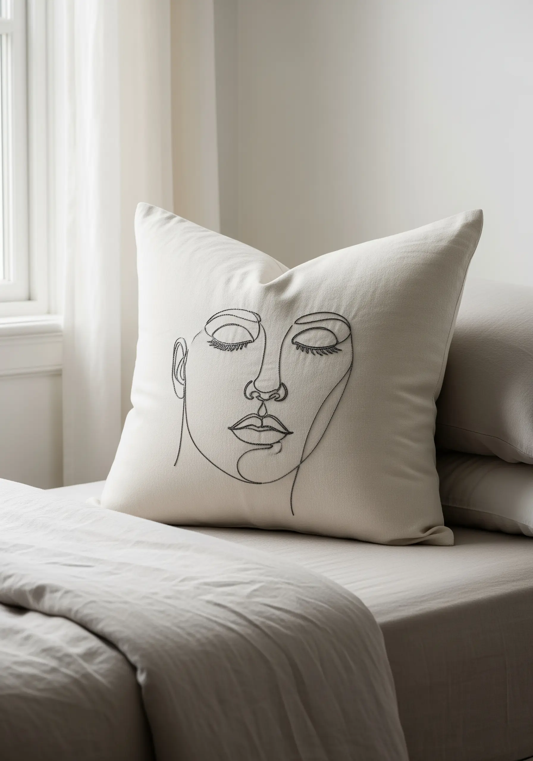 Black thread continuous line-art face embroidered on a cream pillow.