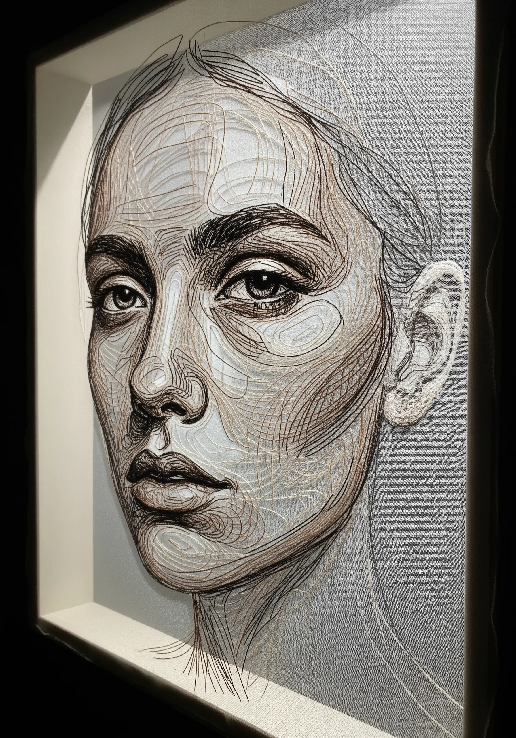 A 3D portrait made from layers of thread-wrapped card, creating topographic contour lines of a face.