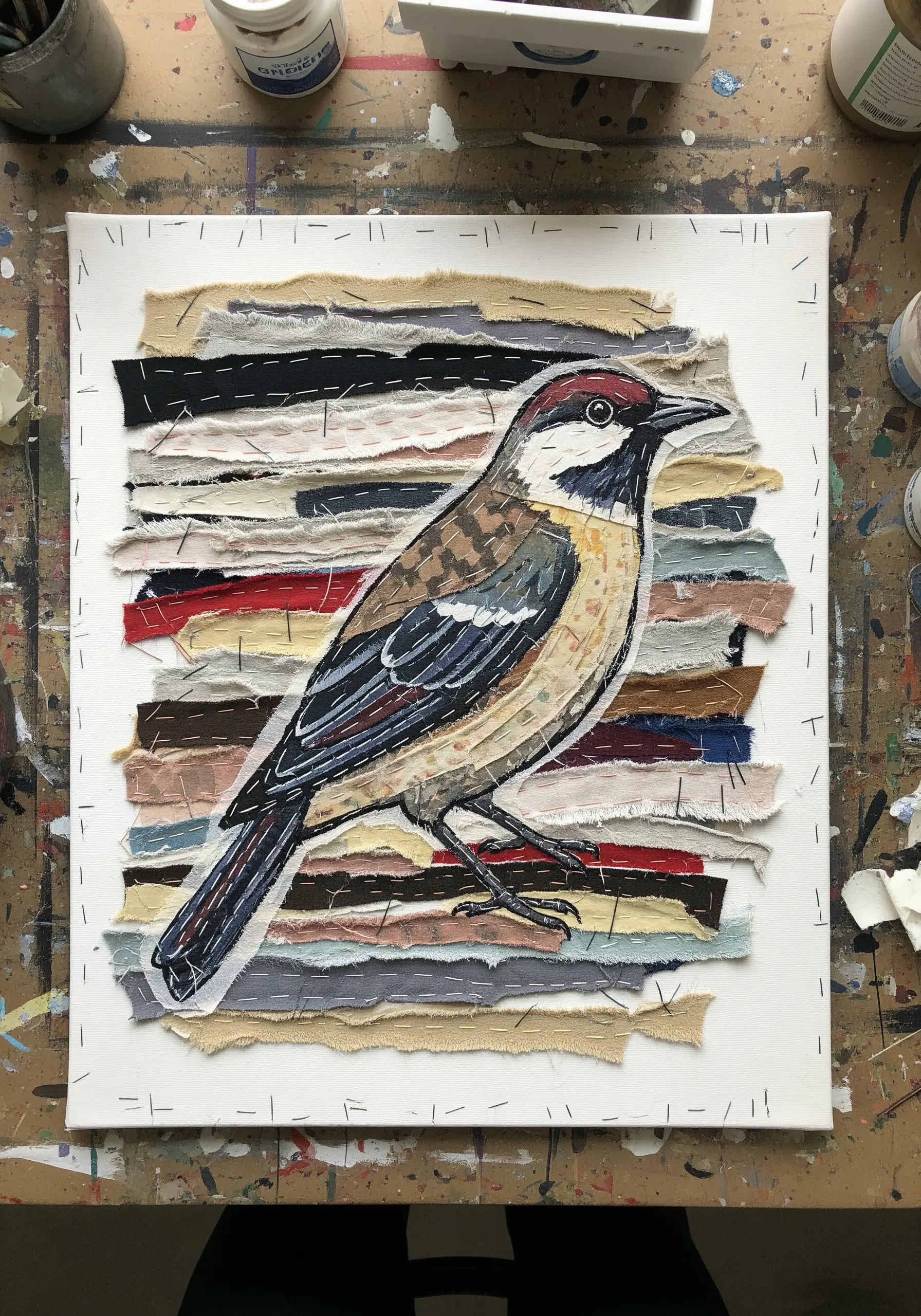 A painted bird appliquéd onto a background of layered, raw-edged fabric strips.