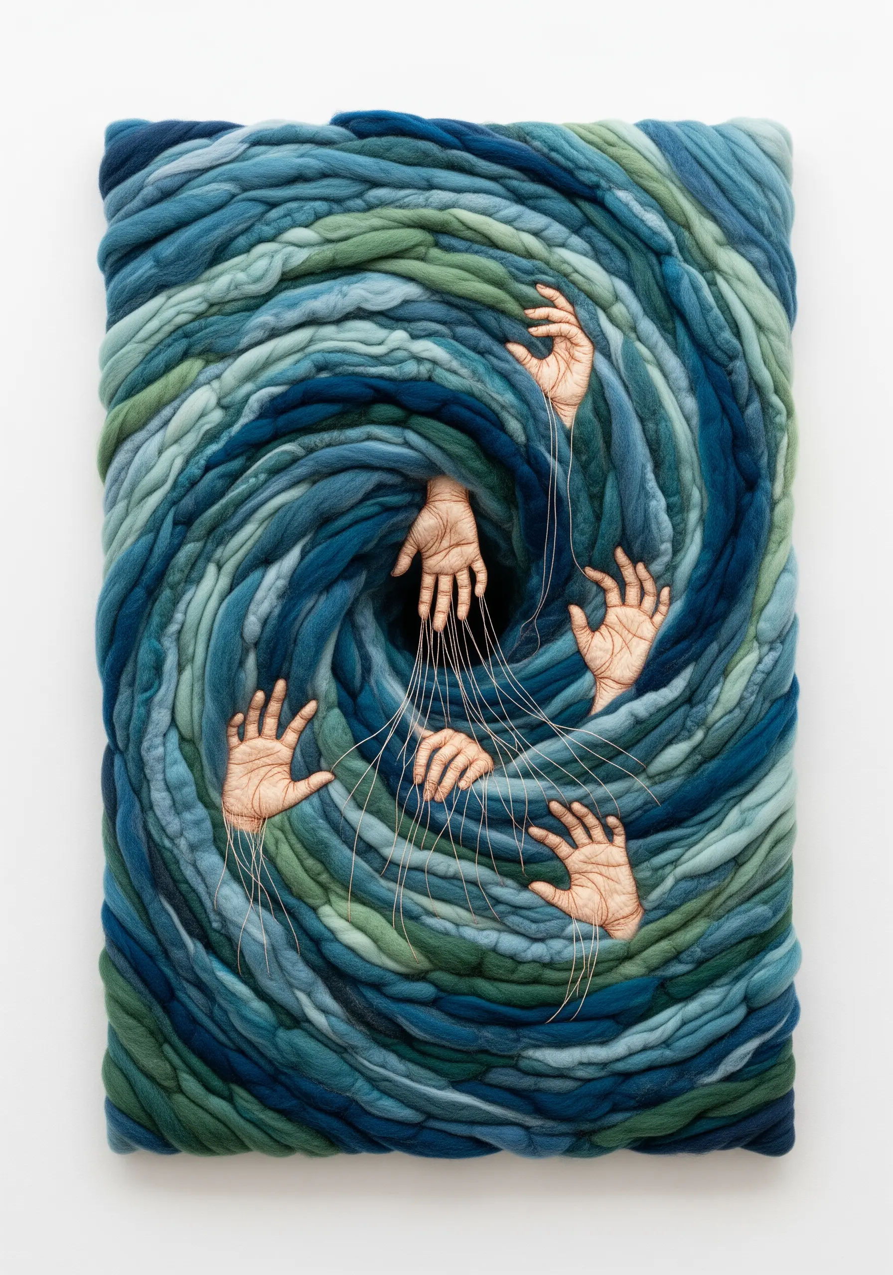 A vortex of thick blue and green wool roving with finely stitched hands emerging.