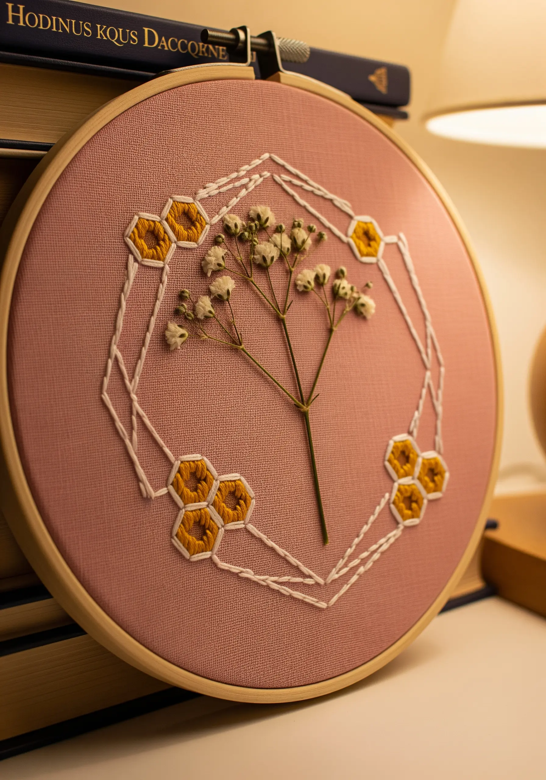 A sprig of pressed baby's breath inside a geometric frame of embroidered white and gold honeycombs.