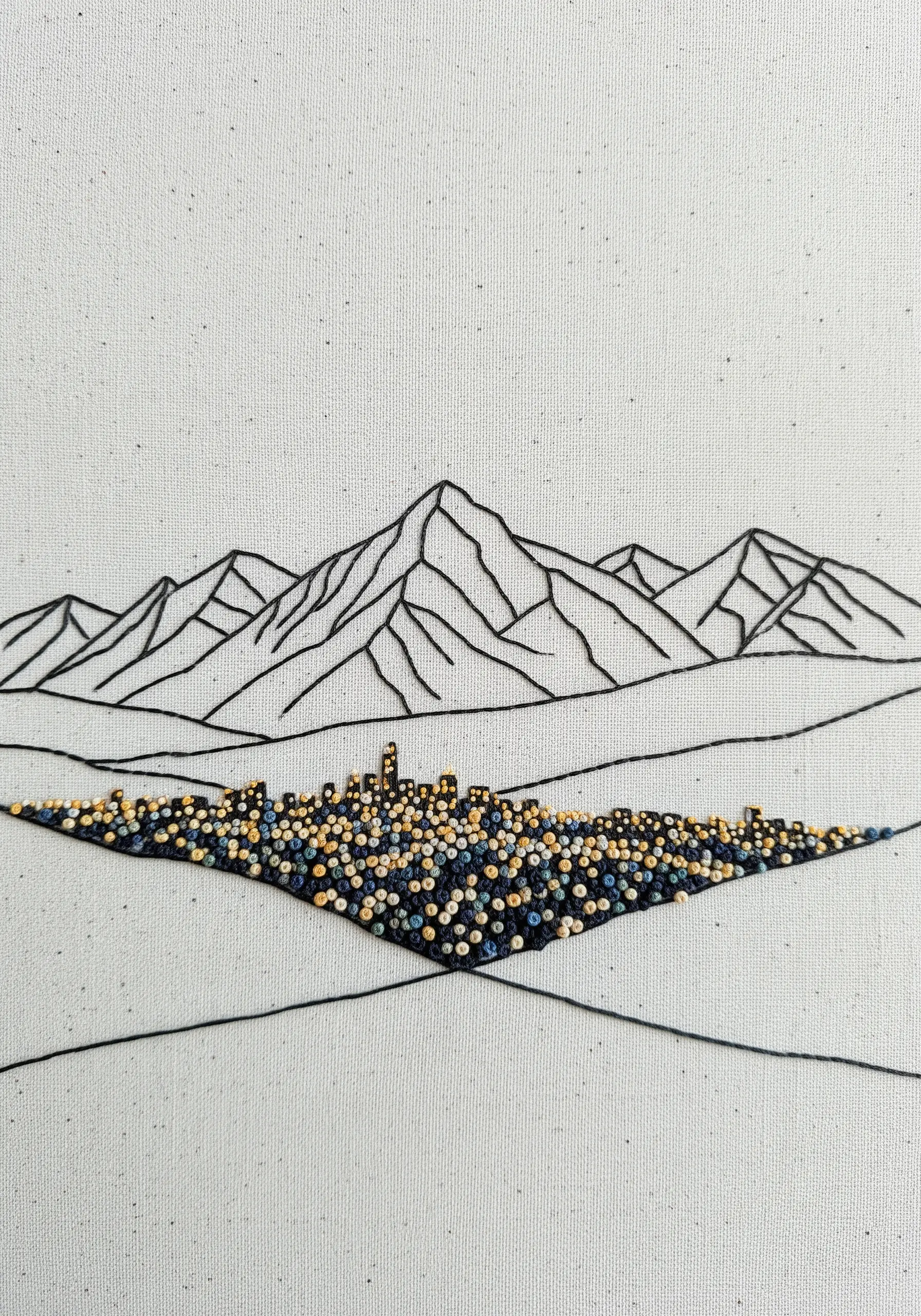 Minimalist line art mountains with a city below represented by a dense cluster of French knots.