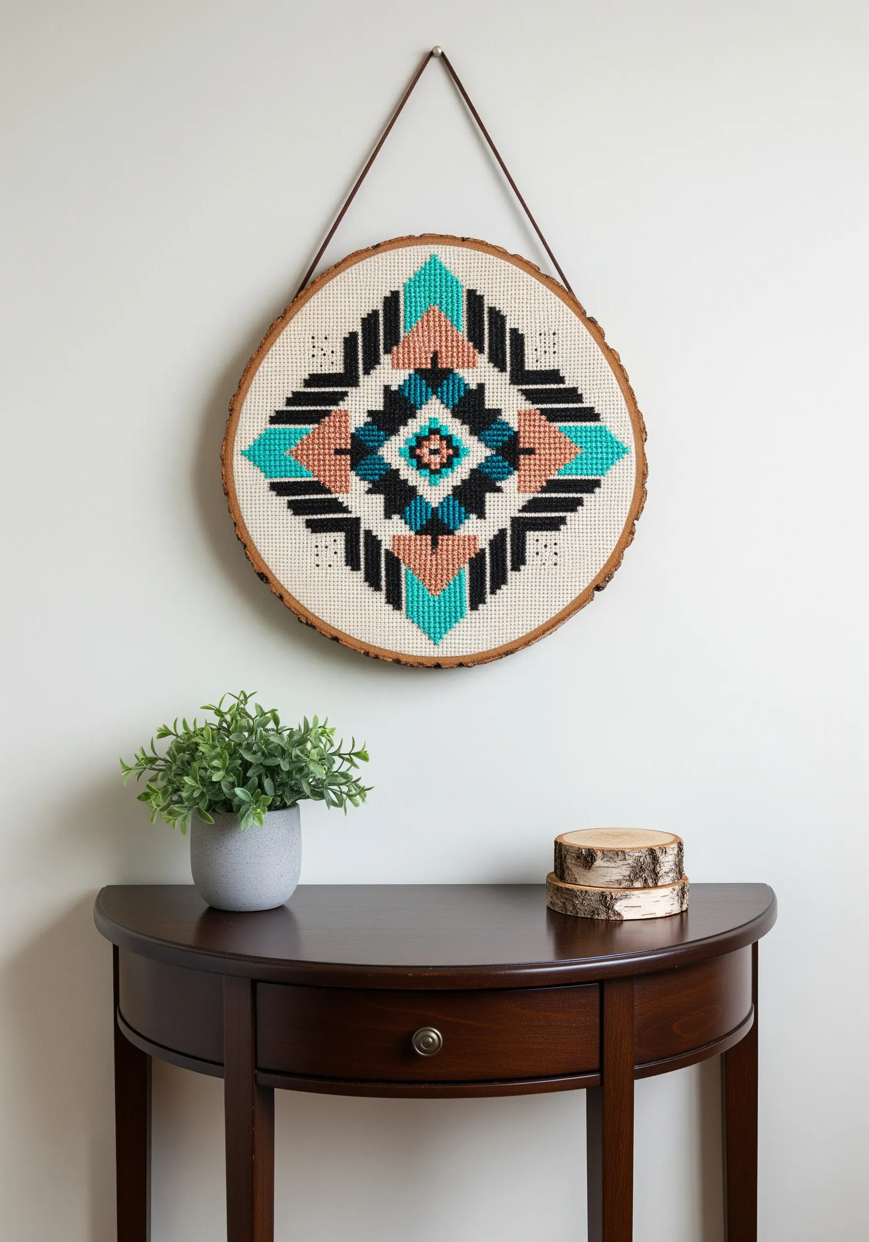 Geometric cross-stitch design in turquoise and black mounted on a round wood slice.
