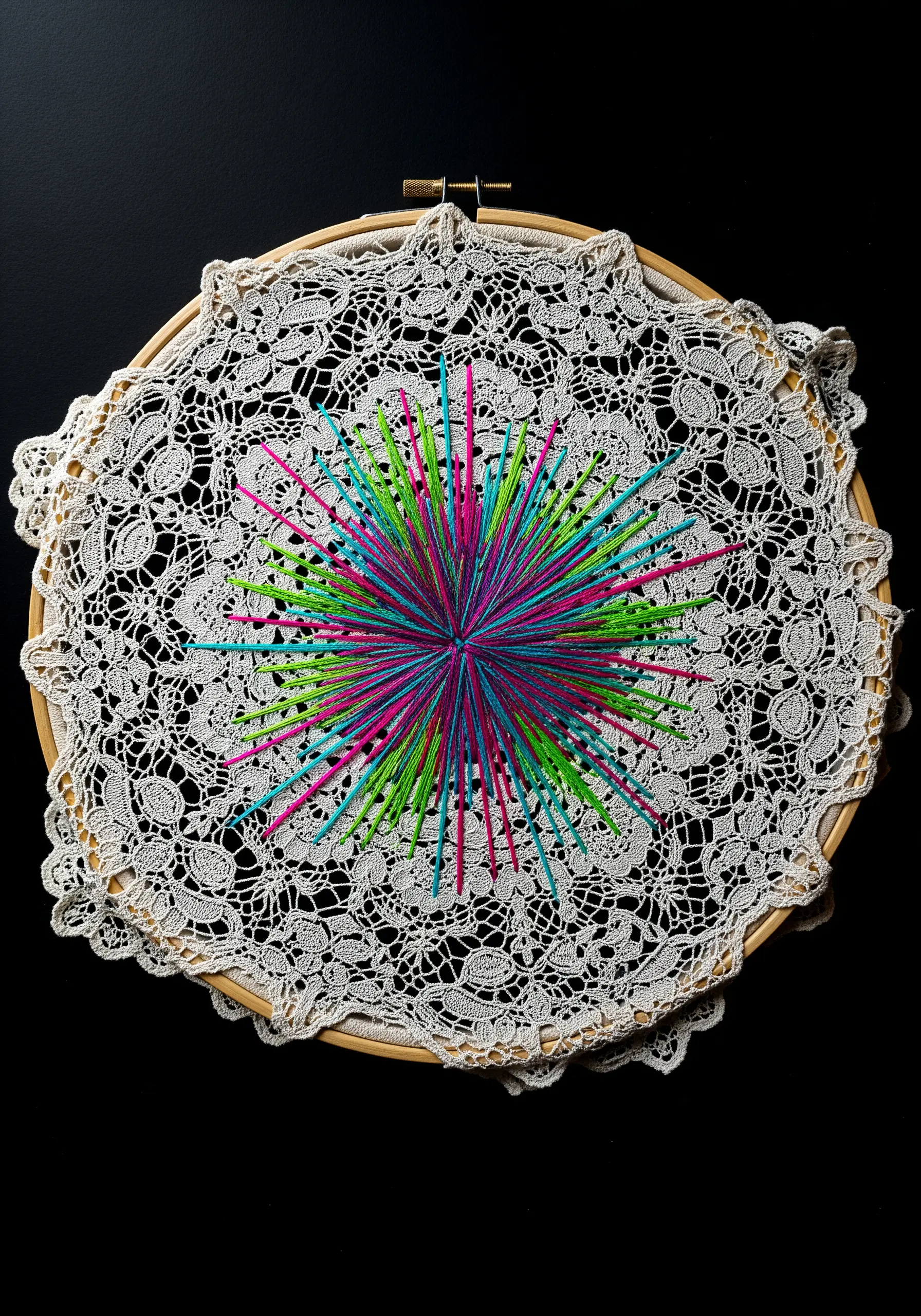 A vintage lace doily in a hoop with a vibrant, geometric starburst stitched over it.