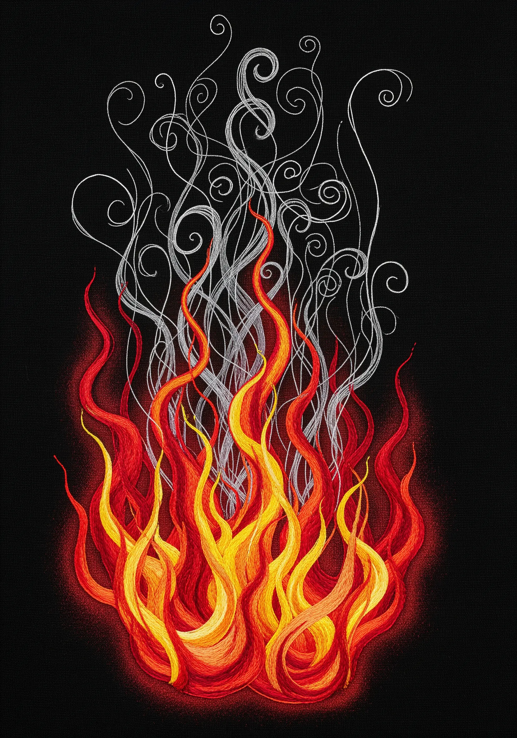 Embroidered fire with painterly flames and delicate, swirling line art for smoke.