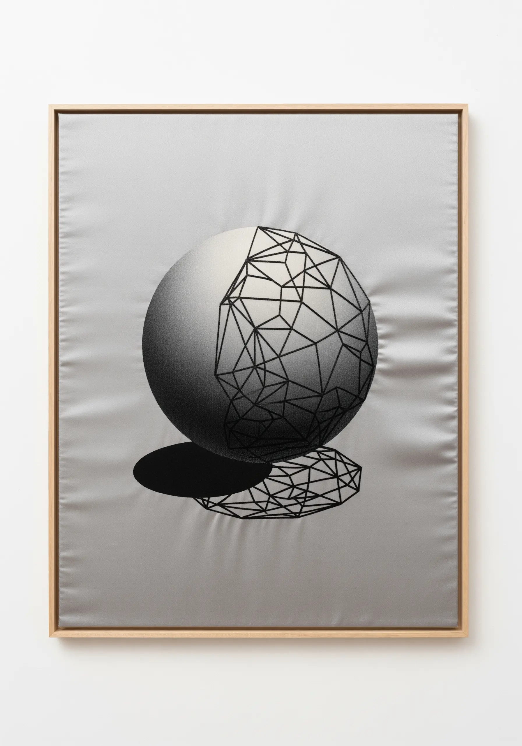 A sphere on satin fabric, half rendered with realistic shading and half with geometric lines.