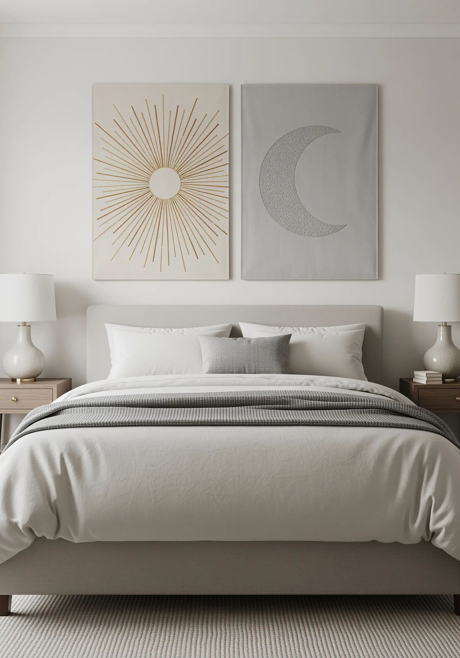Two panels above a bed: one with a gold sunburst, the other with a grey textured moon.
