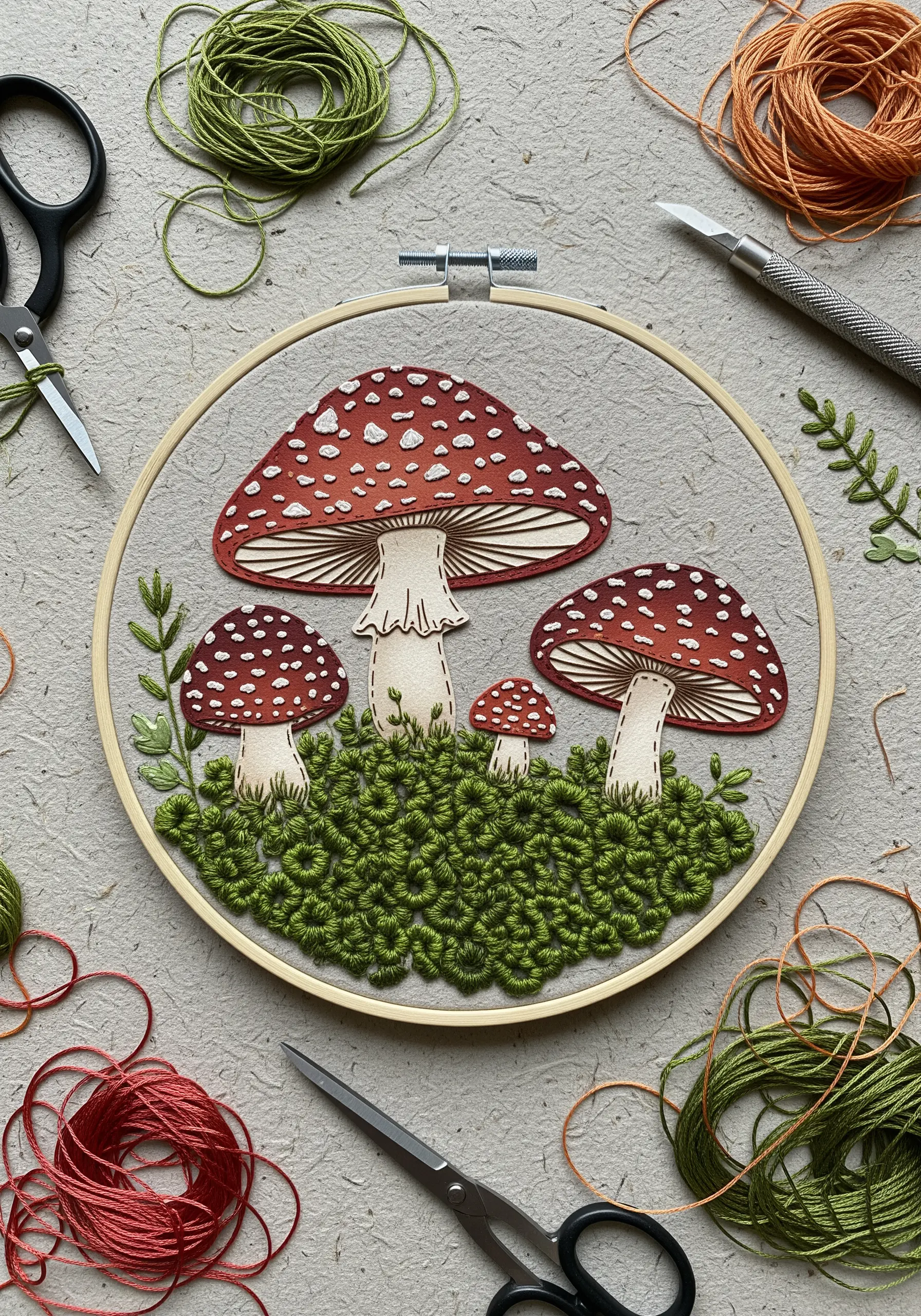 Paper cutout mushrooms on a bed of green French knot embroidery in a wooden hoop.
