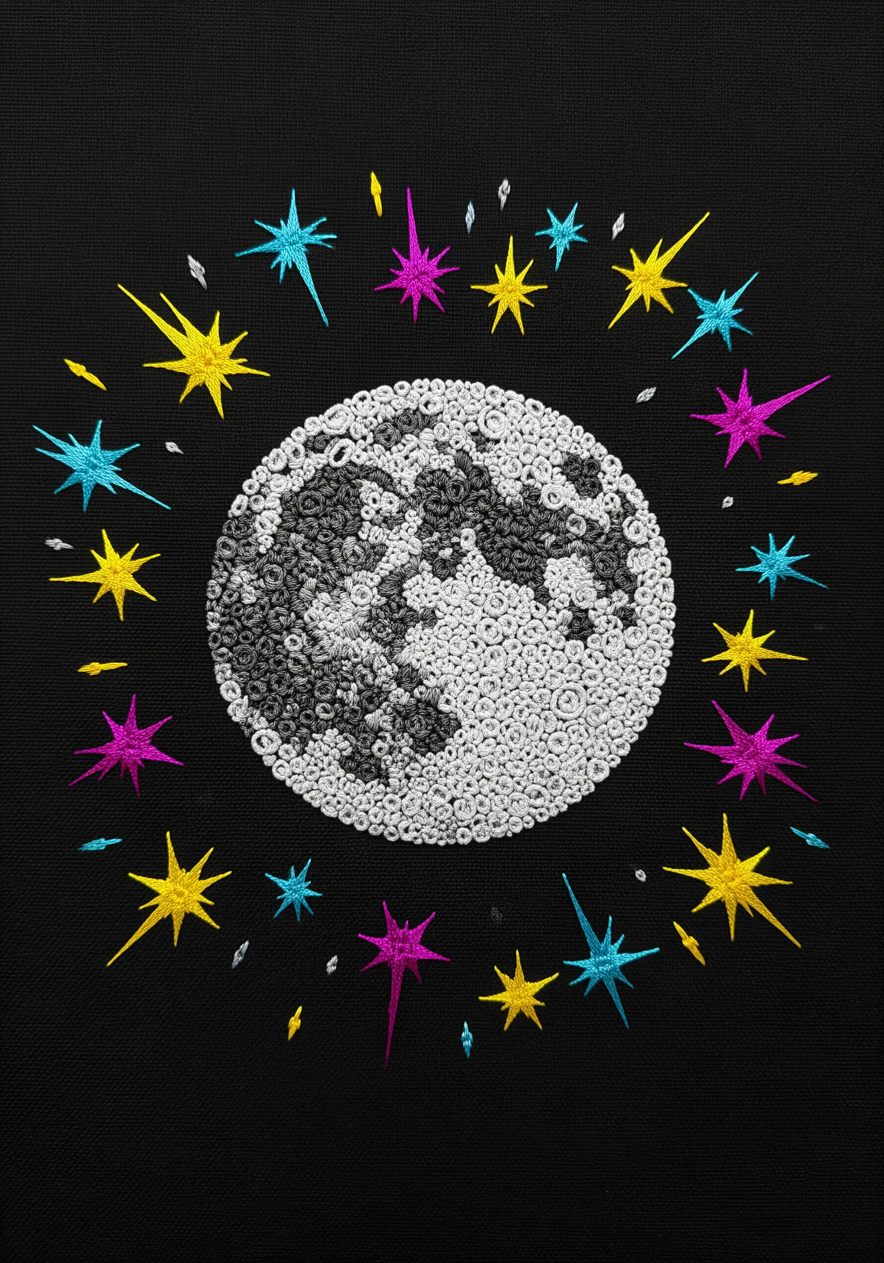 Embroidered moon made of dense french knots, surrounded by bright, graphic stars.