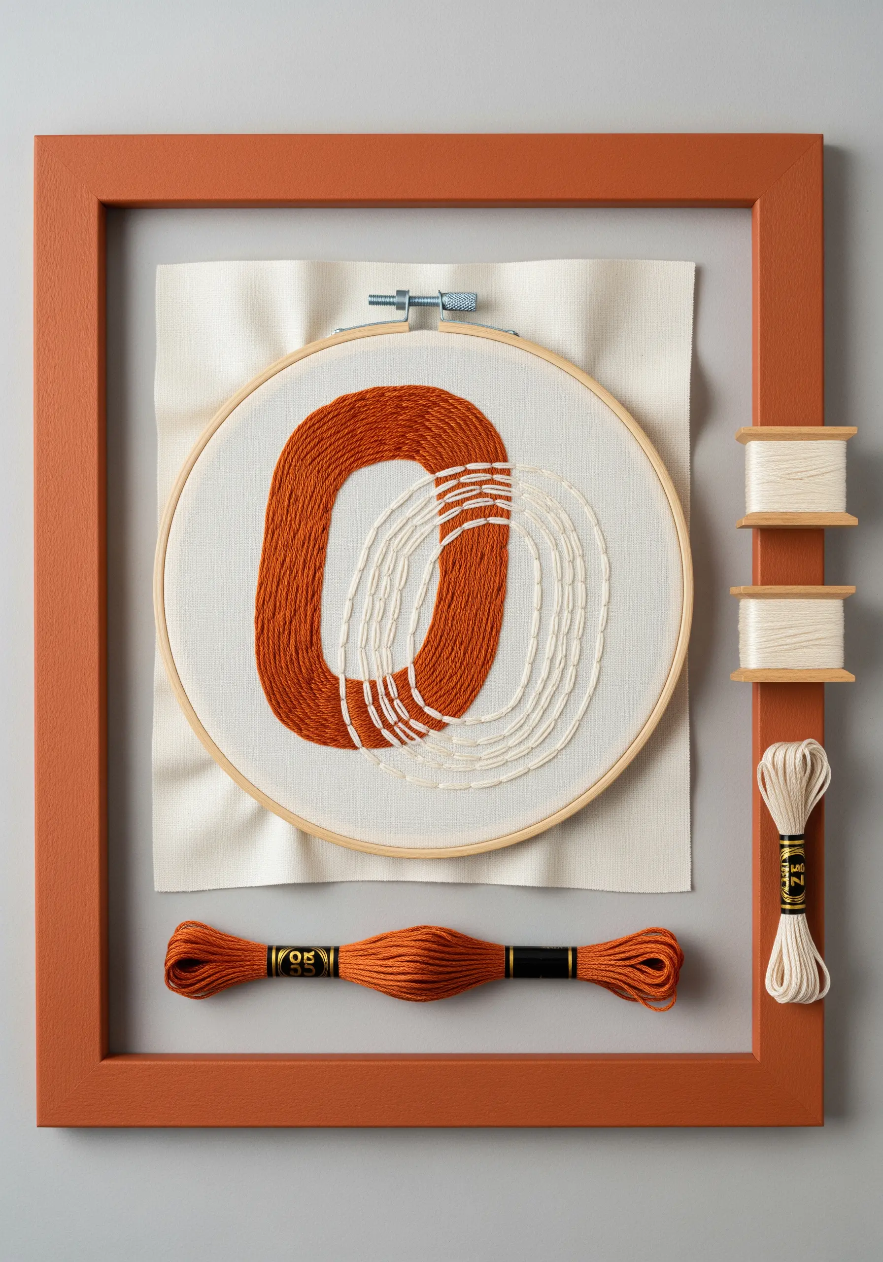 Abstract orange satin-stitched shape contrasted with a cream outline stitch.