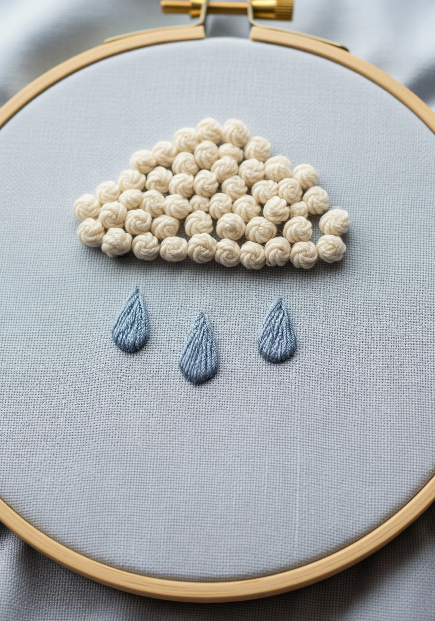 A cloud made of French knots with three satin-stitched raindrops below it.