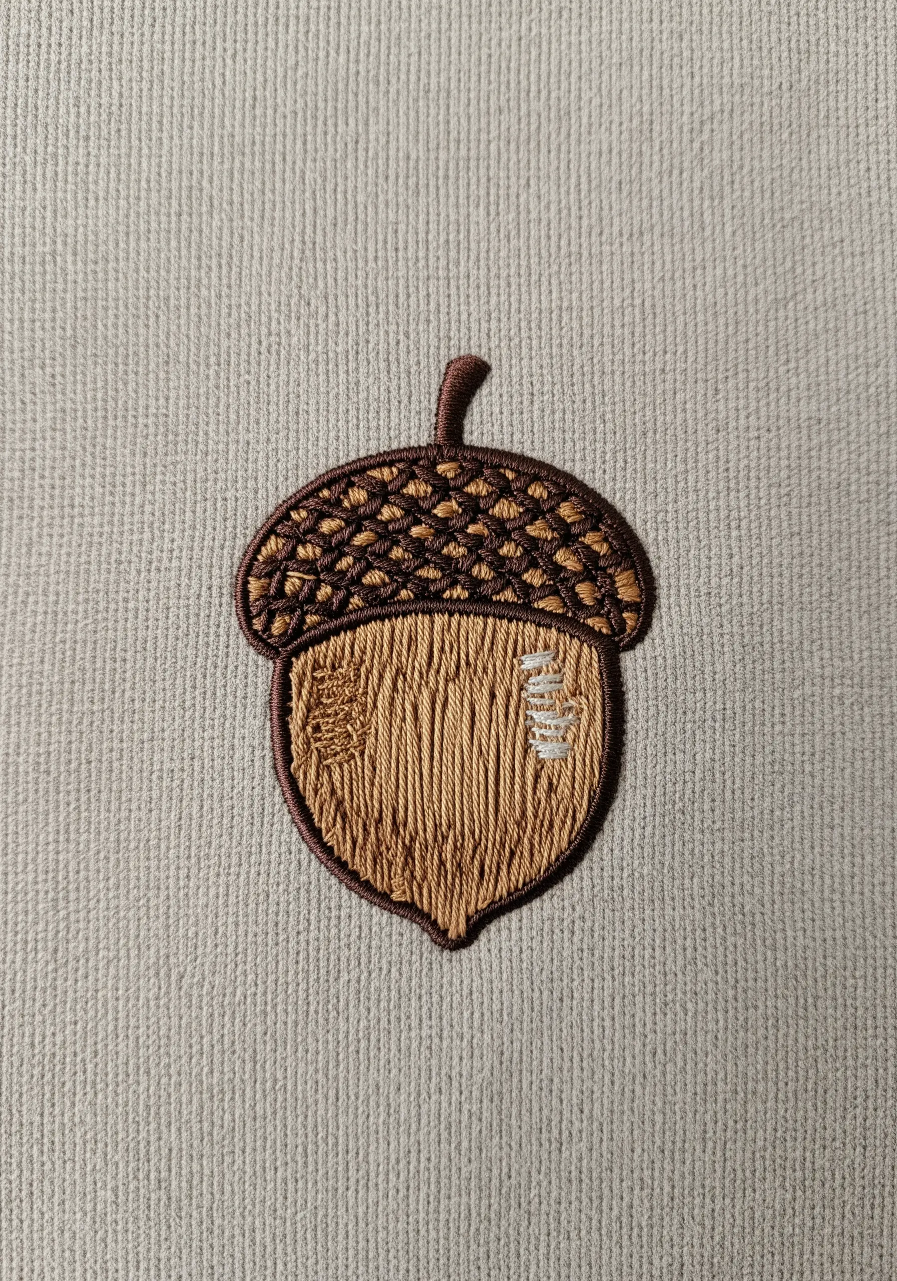 A detailed acorn embroidery with a textured cap and smooth, satin-stitched body.