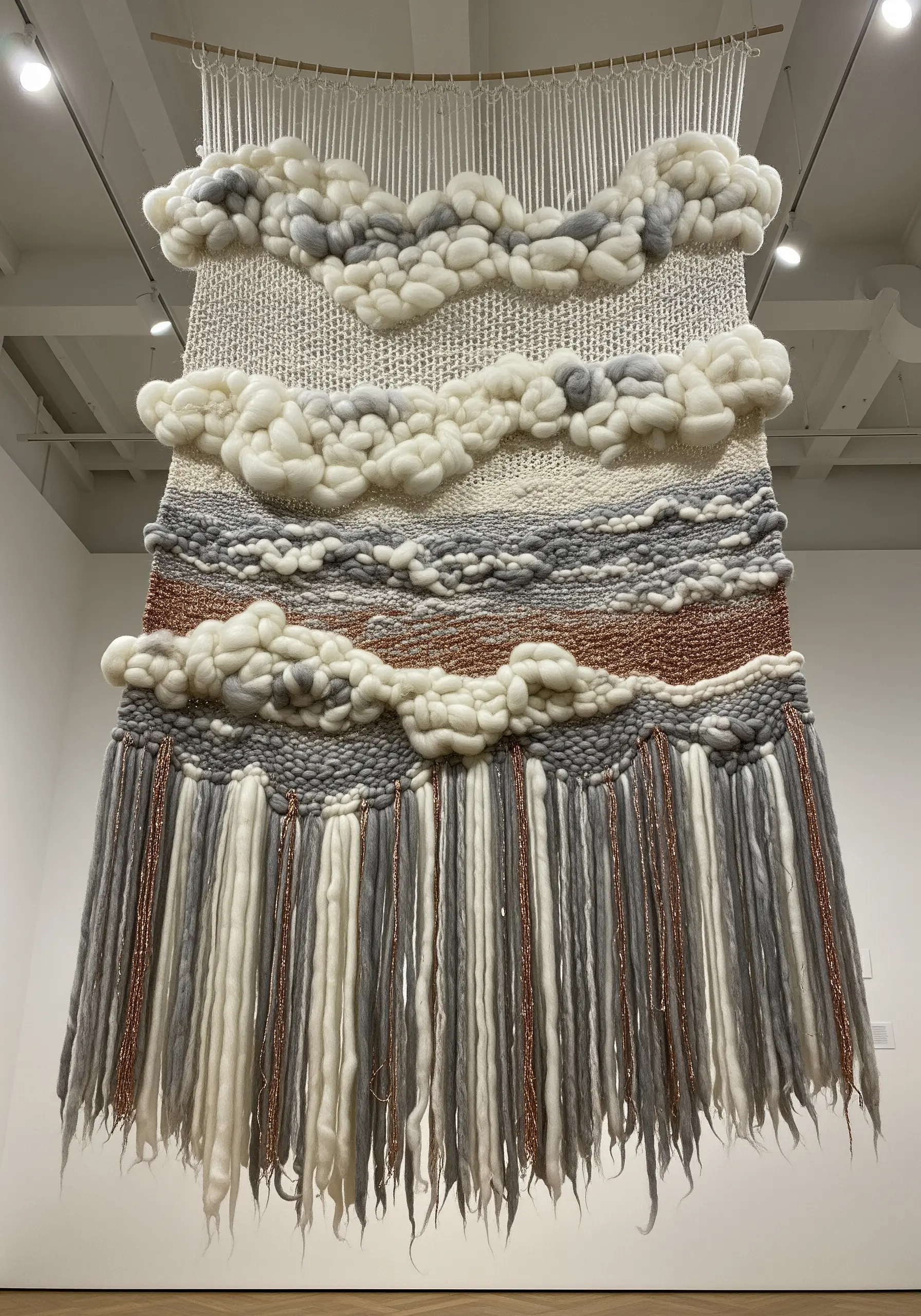 Woven tapestry featuring thick wool clouds and metallic copper accents
