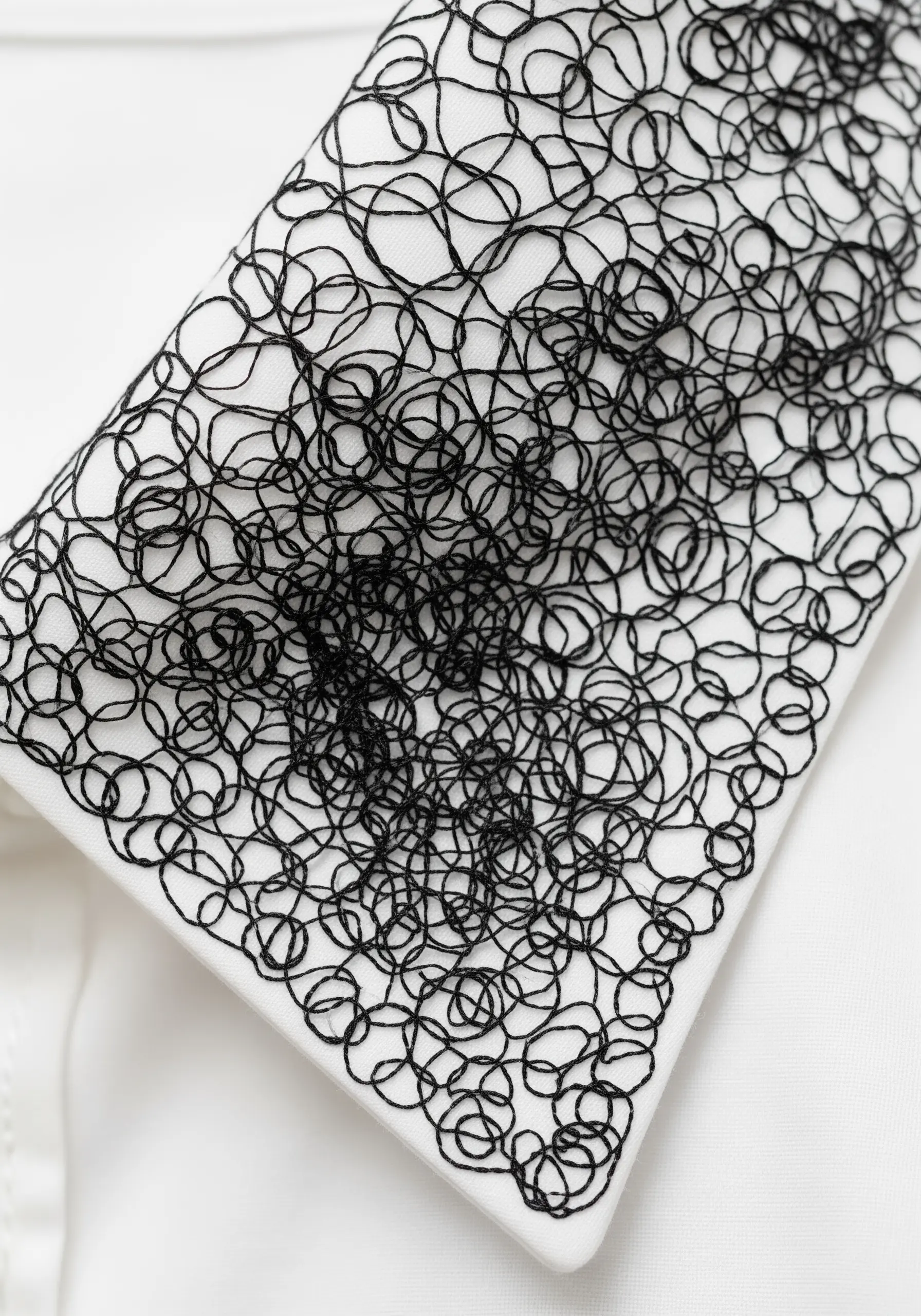 Black thread scribble embroidery on a white shirt collar