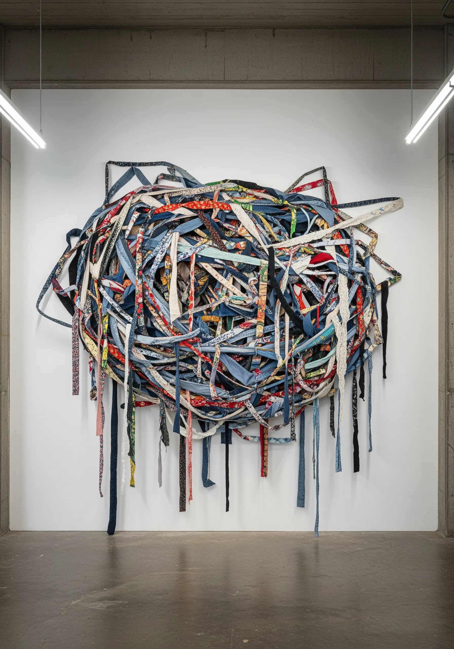 Circular wall art made of tangled fabric strips in denim and florals