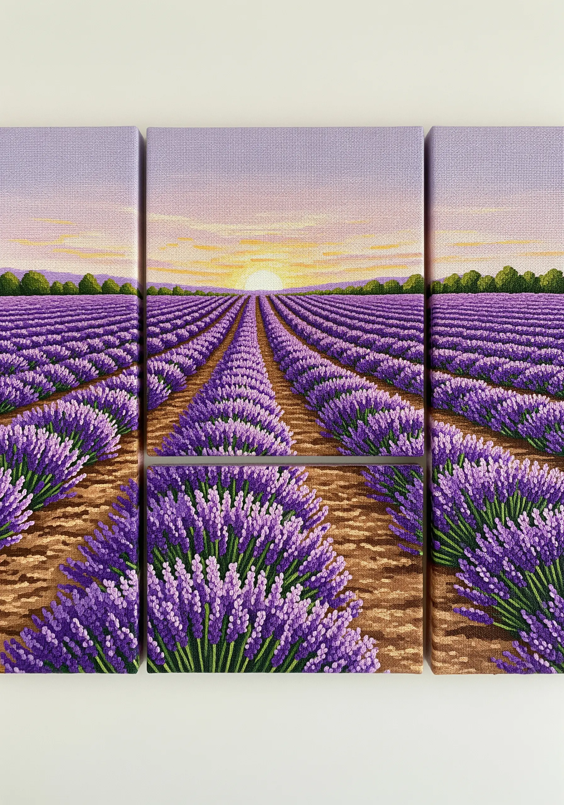 A triptych creating a panoramic view of a lavender field at sunset.