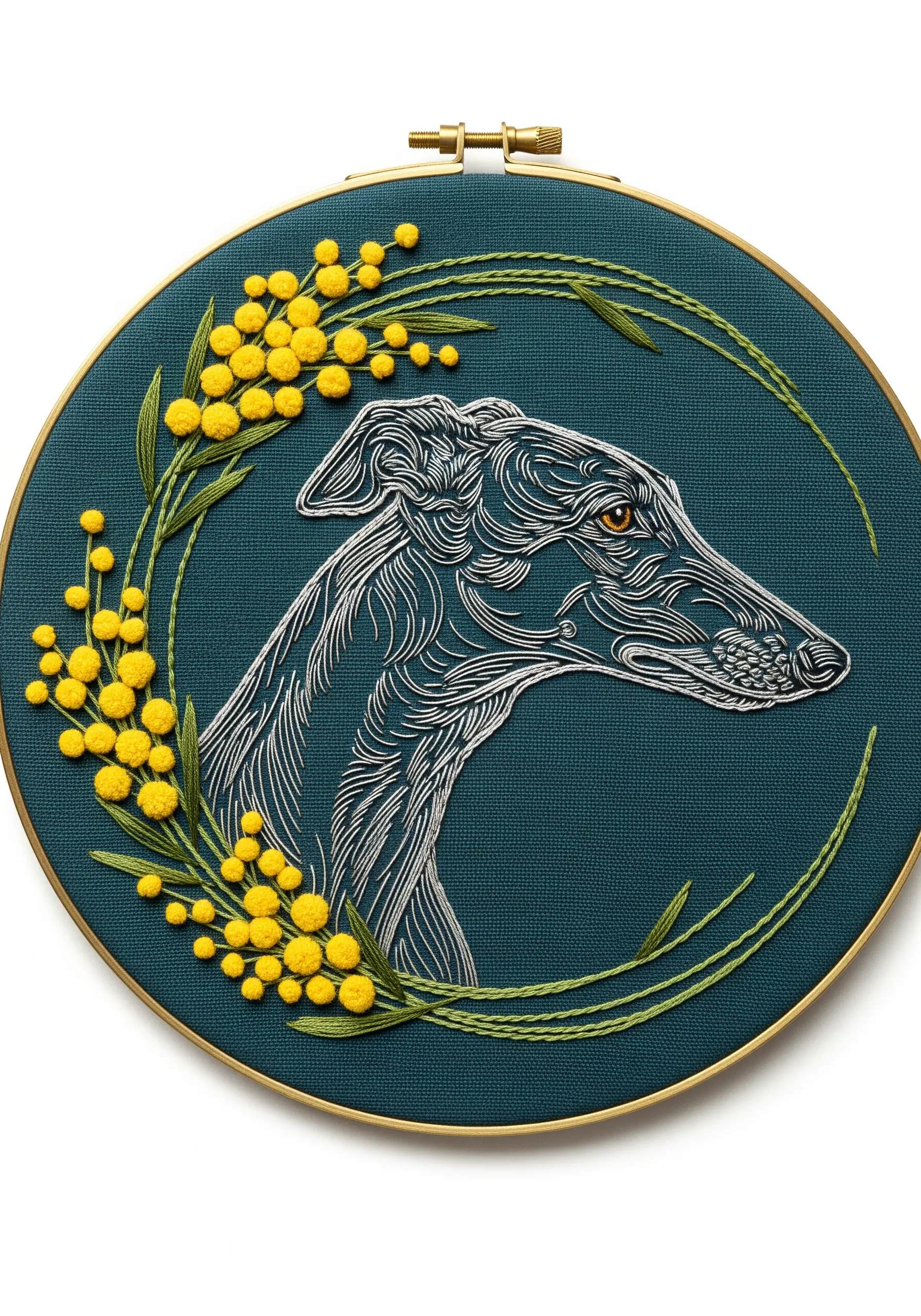Stylized line art embroidery of a greyhound's head, framed by a wreath of yellow mimosa flowers.