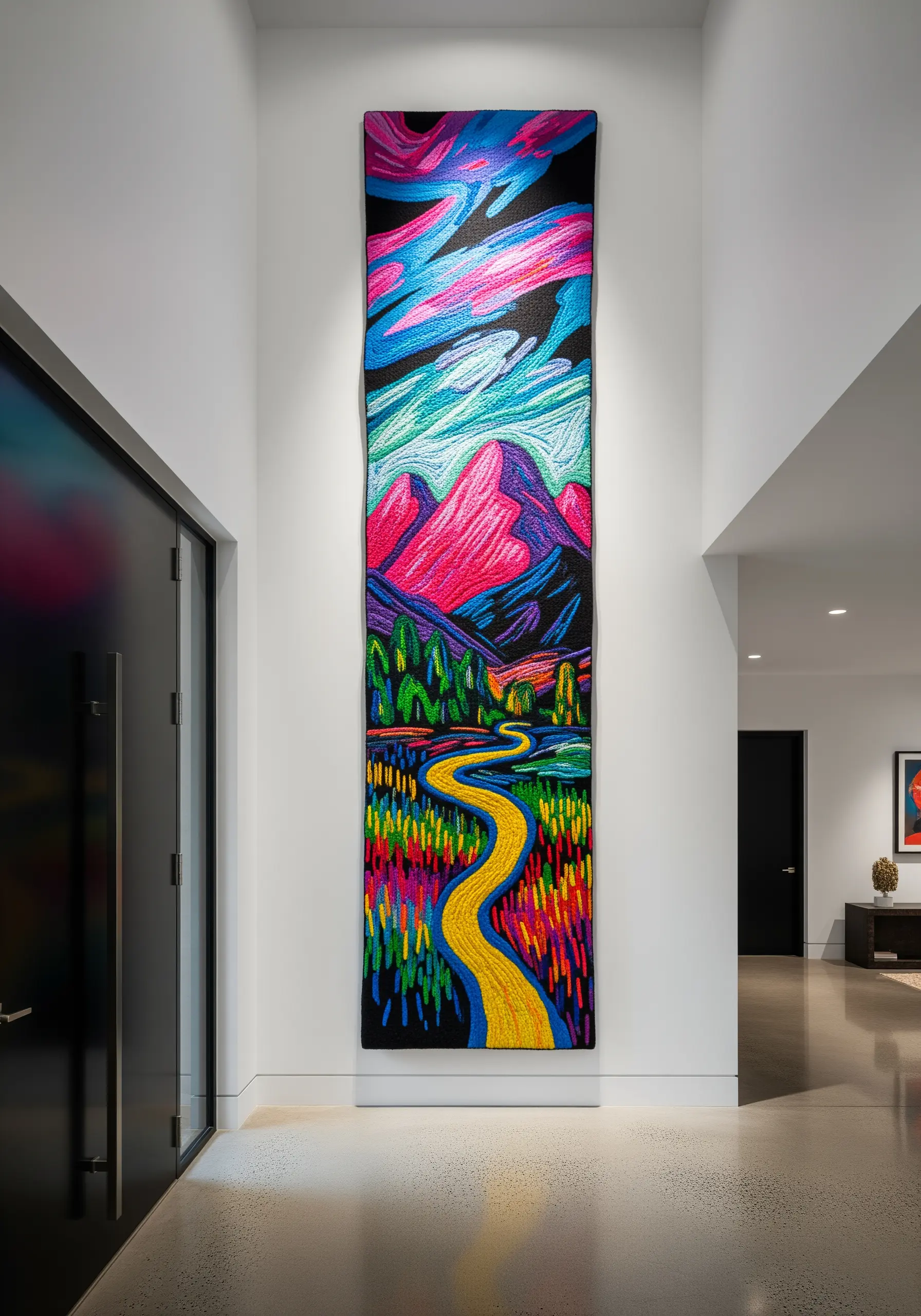 A tall, vibrant embroidered wall panel of a Fauvist-style landscape with pink mountains and a yellow river.