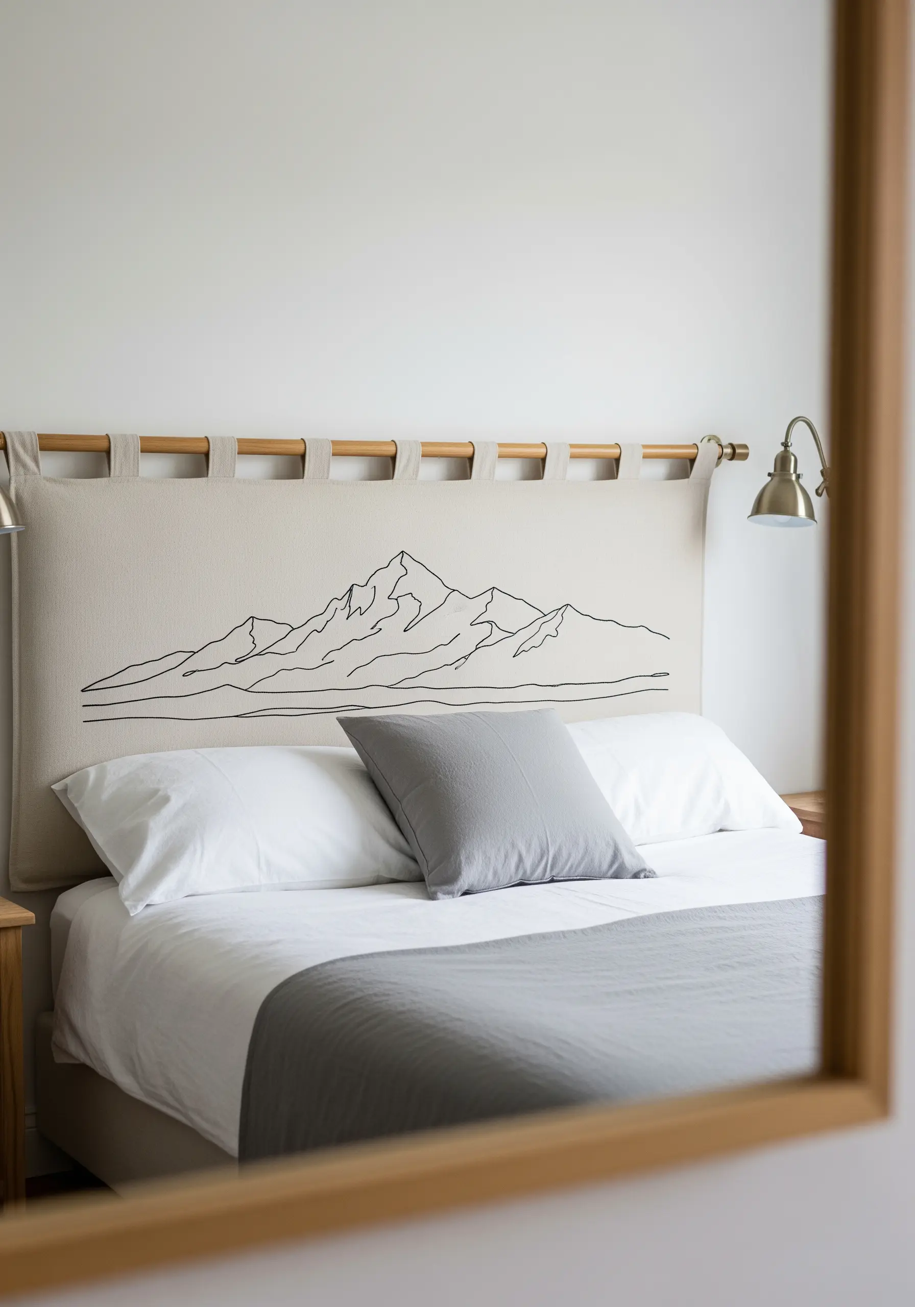 A simple black outline of a mountain range embroidered on a neutral linen headboard.