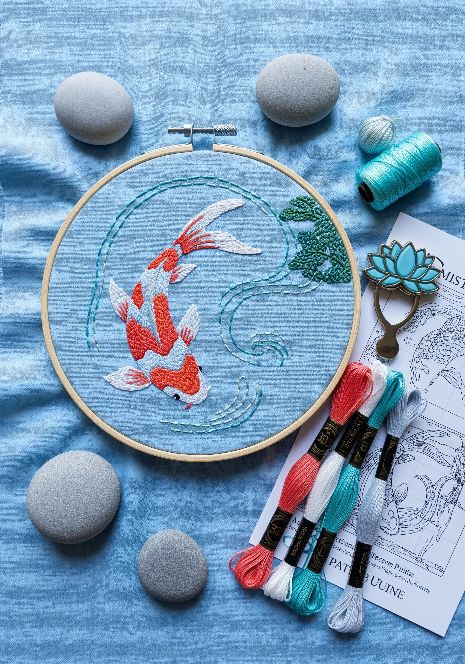 An embroidered koi fish with orange, white, and red scales on a light blue background.