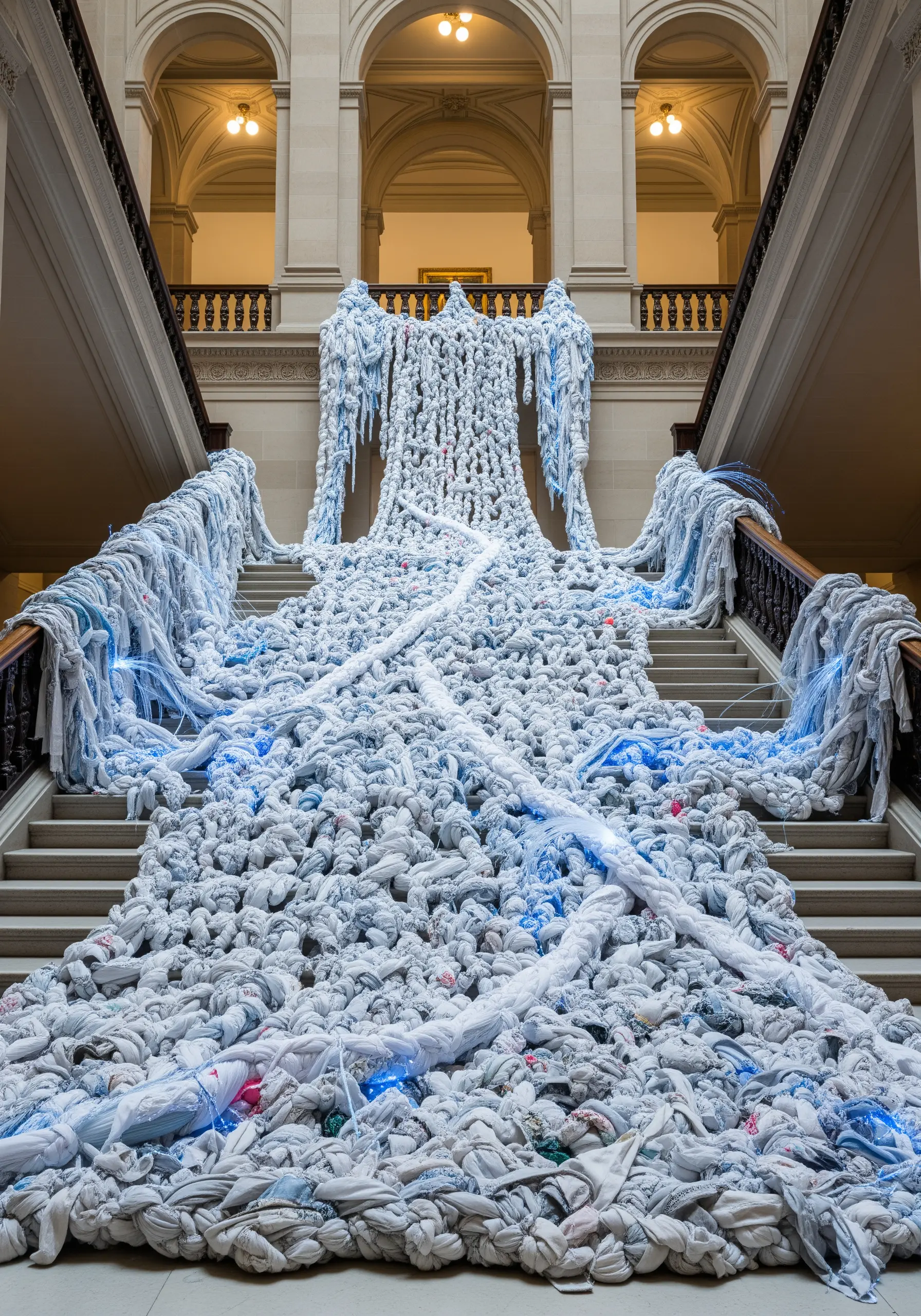 A massive installation of knotted white fabric cascading down a grand staircase.