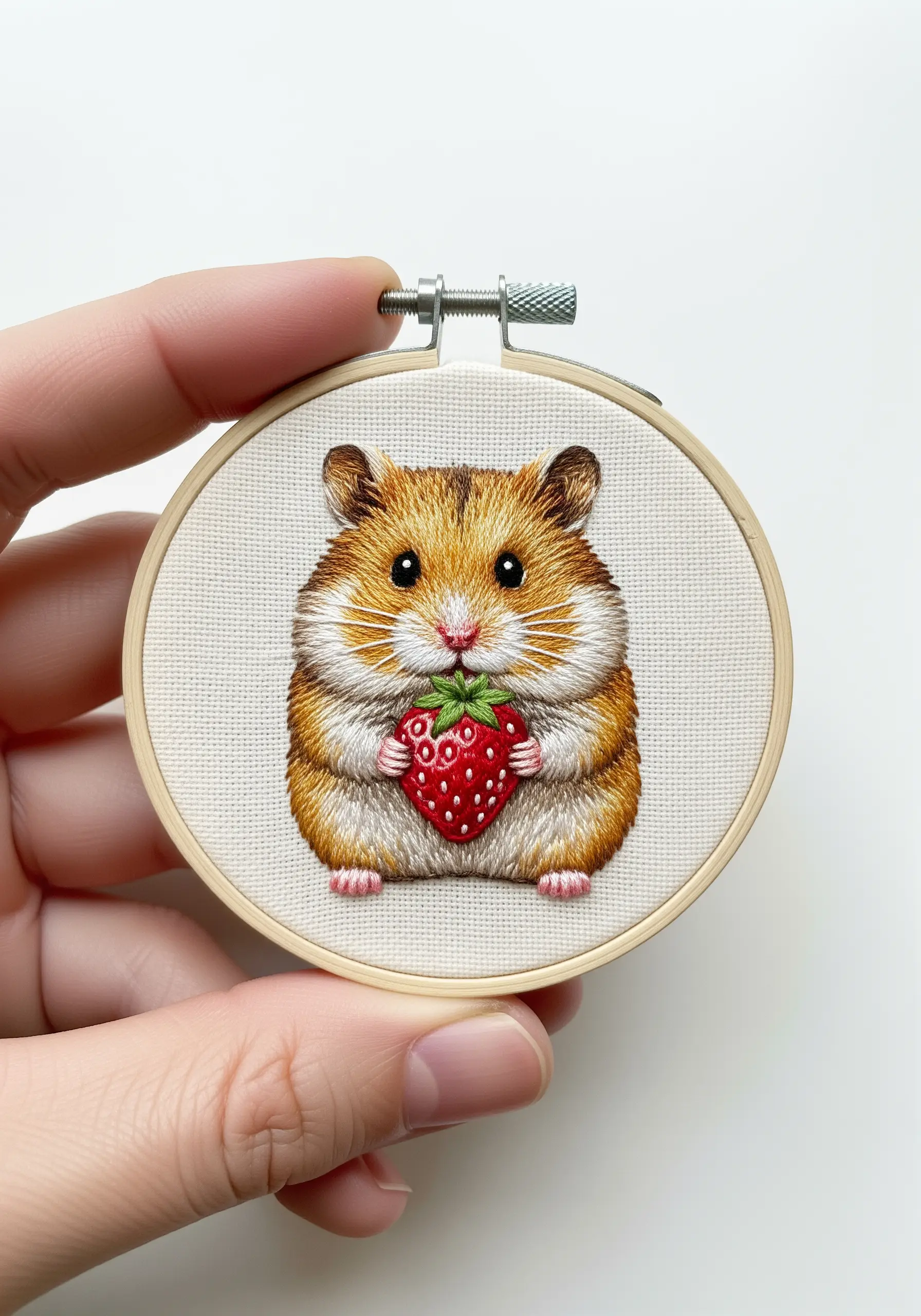 Tiny, detailed embroidery of a fluffy hamster holding a bright red strawberry.