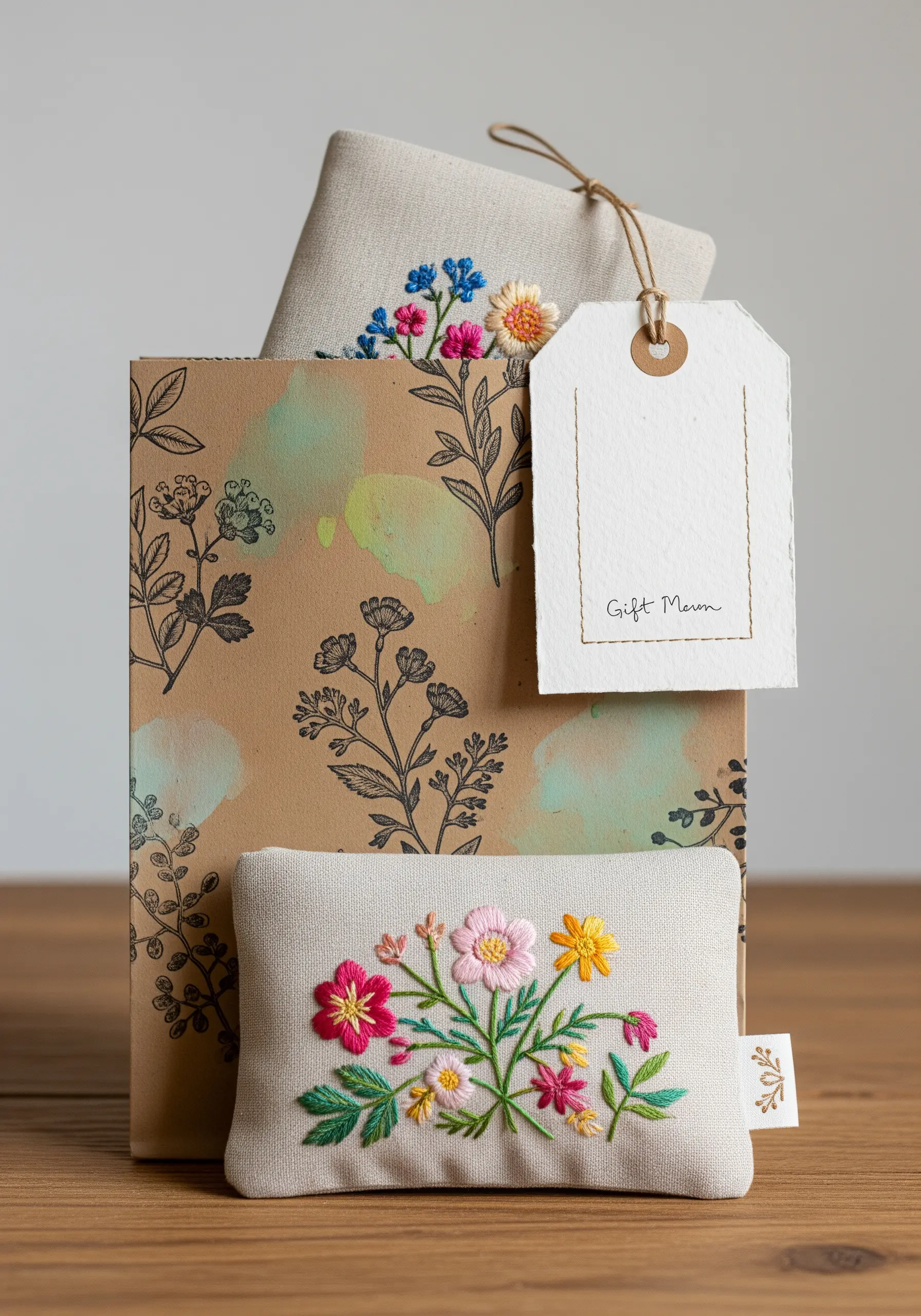 Embroidered floral pouches with matching botanical-print gift wrap and a handmade paper tag.