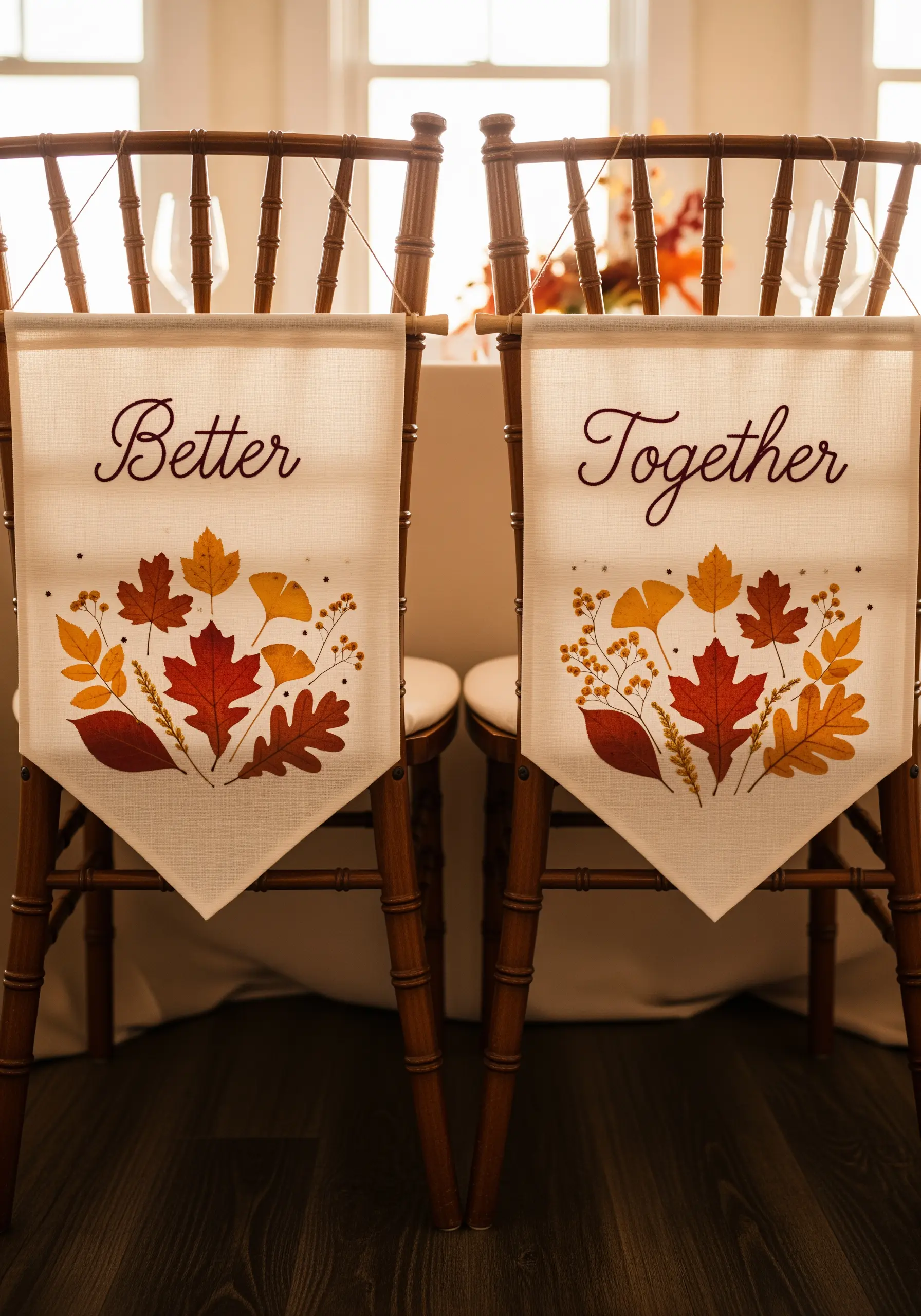 Two wedding chair banners with 'Better Together' text and embroidered autumn leaves.