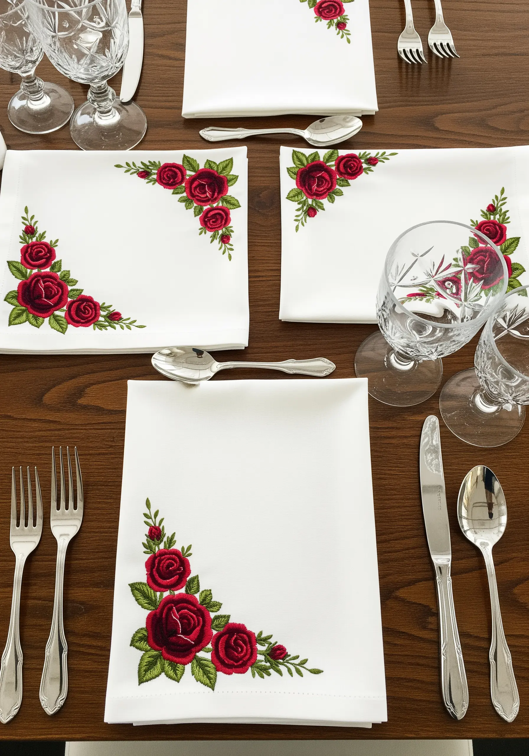 Red rose satin stitch embroidery on white napkins