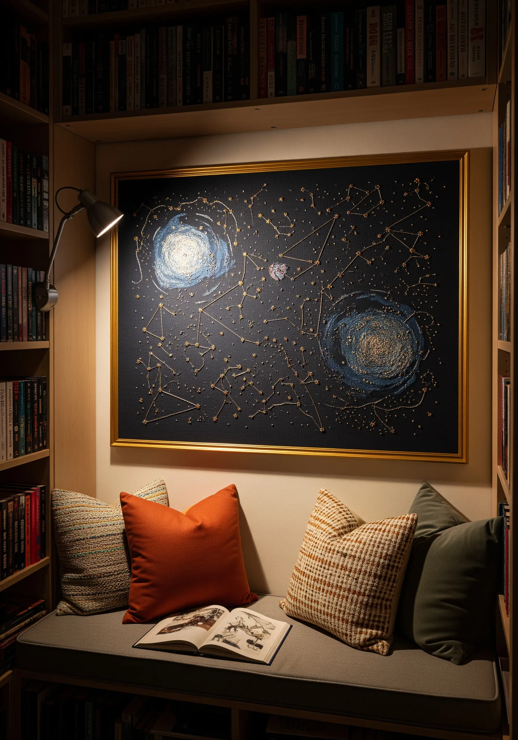 Framed embroidery of constellations and galaxies on black fabric in a library nook.