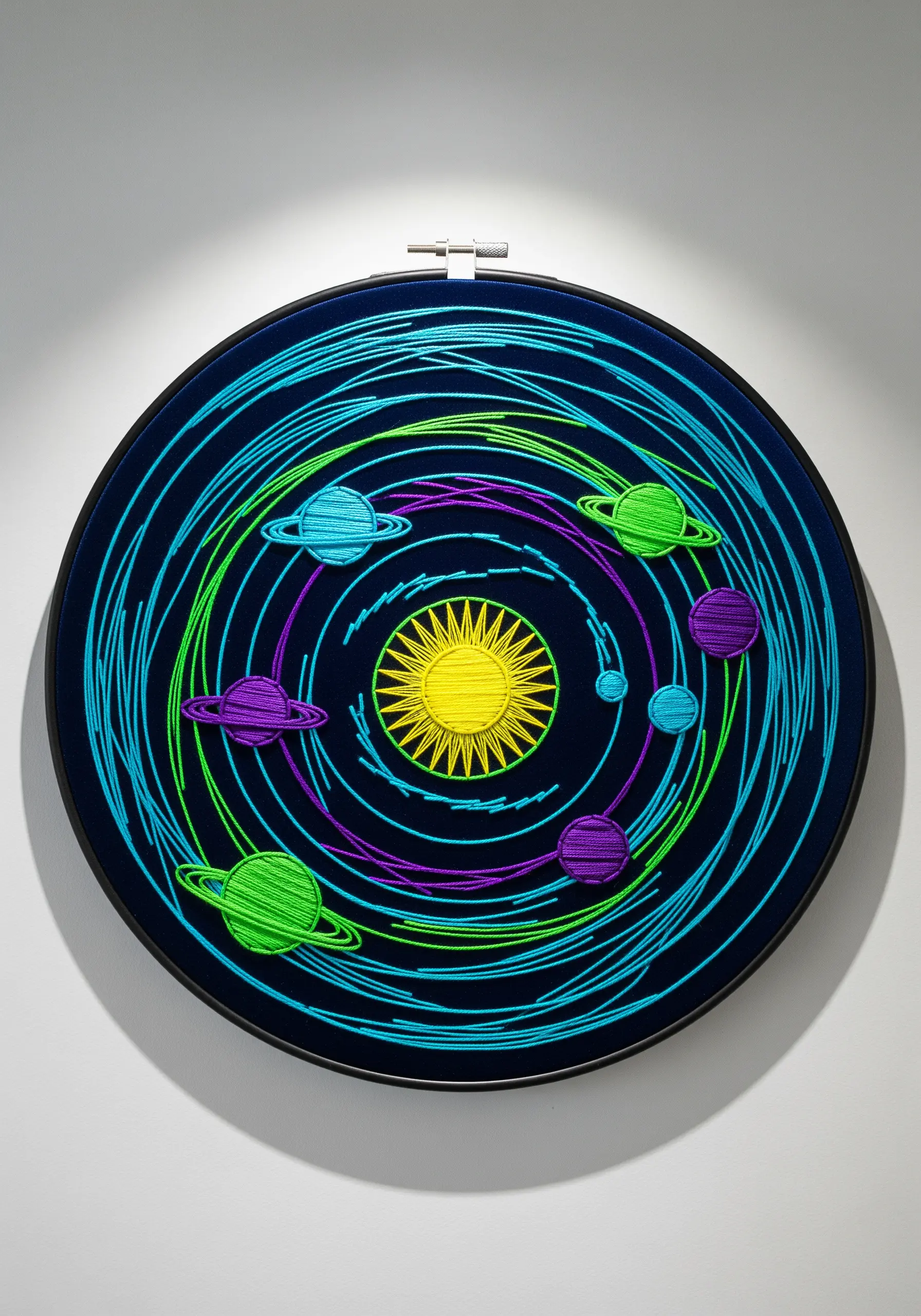 Neon solar system embroidery with swirling orbital lines and satin-stitched planets.
