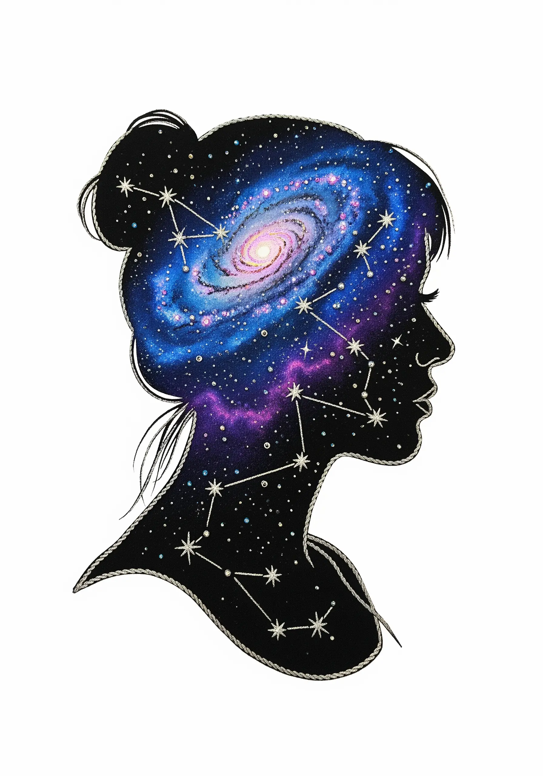 A silhouette of a person's head filled with a detailed, painted-style galaxy and constellations.