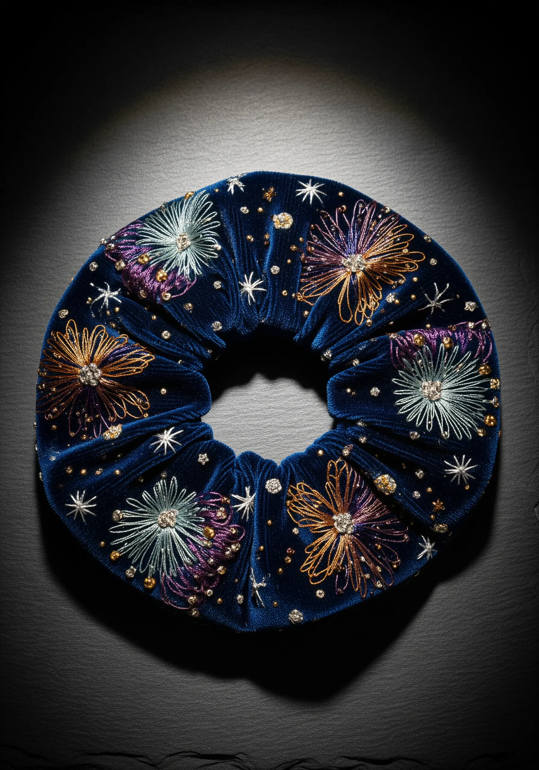 Firework embroidery on dark blue velvet scrunchie