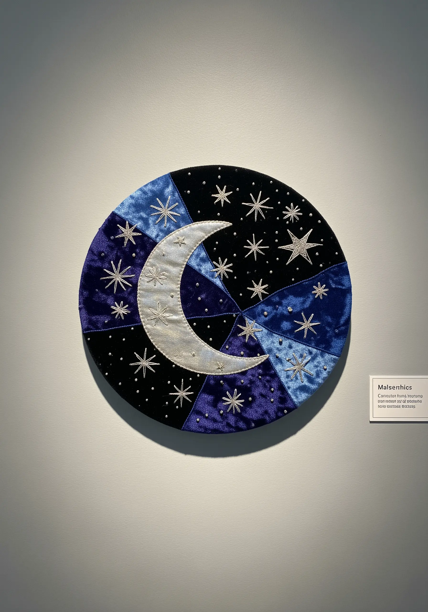 A crescent moon appliqué on a patchwork of blue and black velvet with embroidered stars.