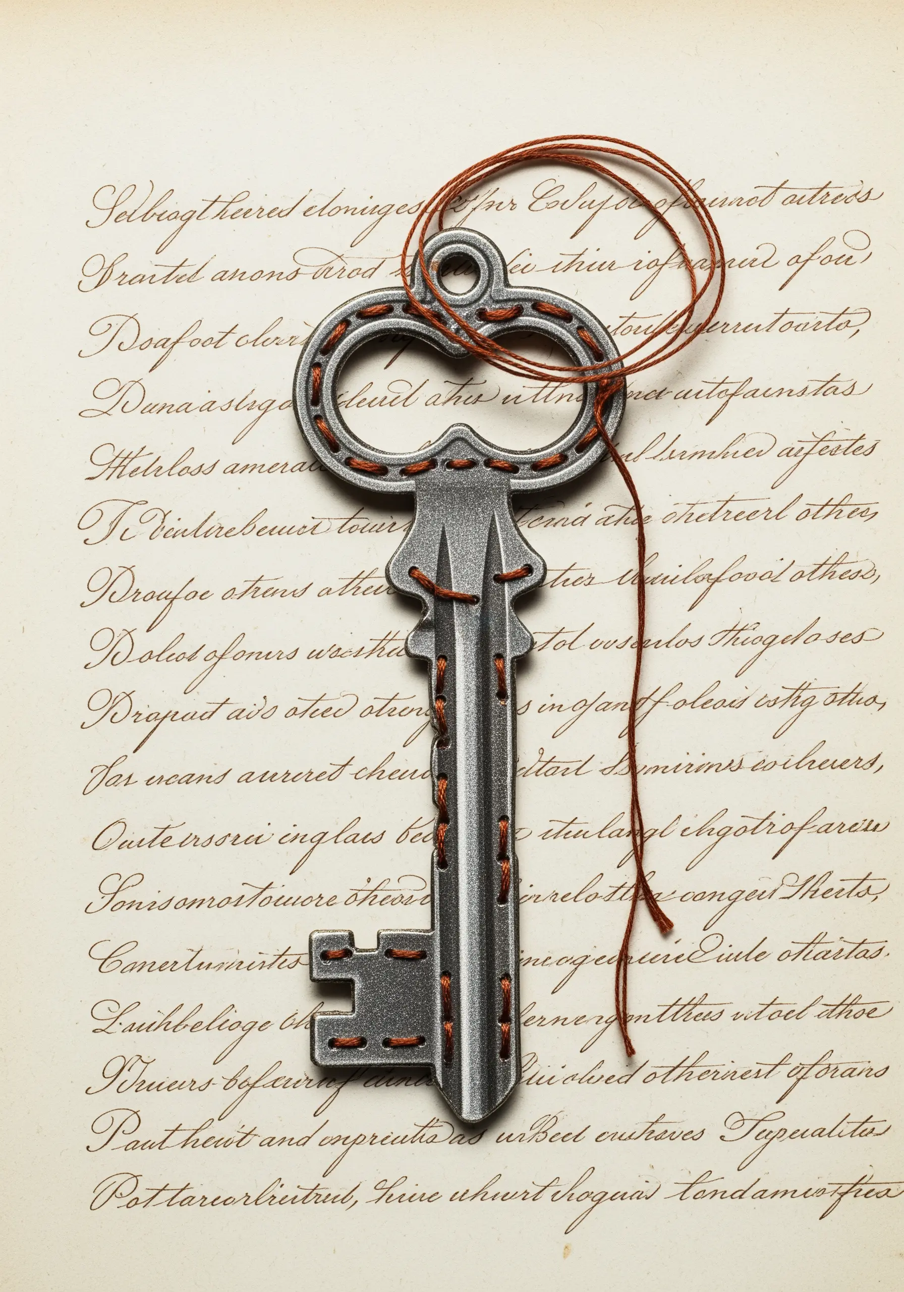 An antique key couched onto a page of cursive writing with orange thread.