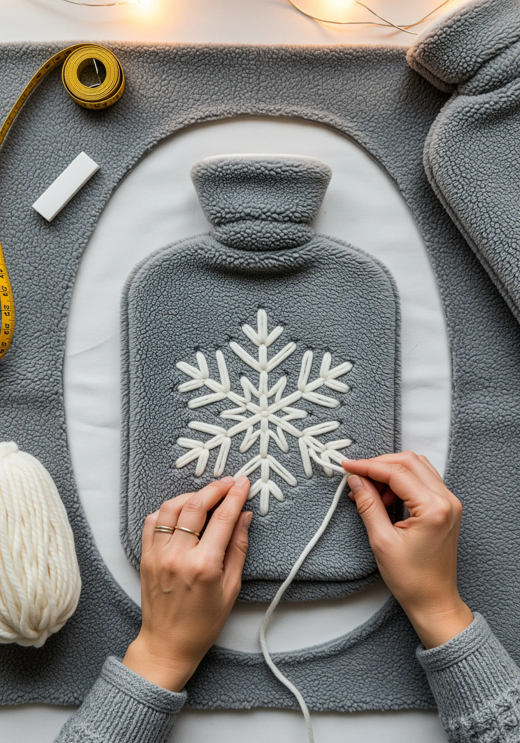 Adding a chunky white yarn snowflake to a grey fleece hot water bottle cover