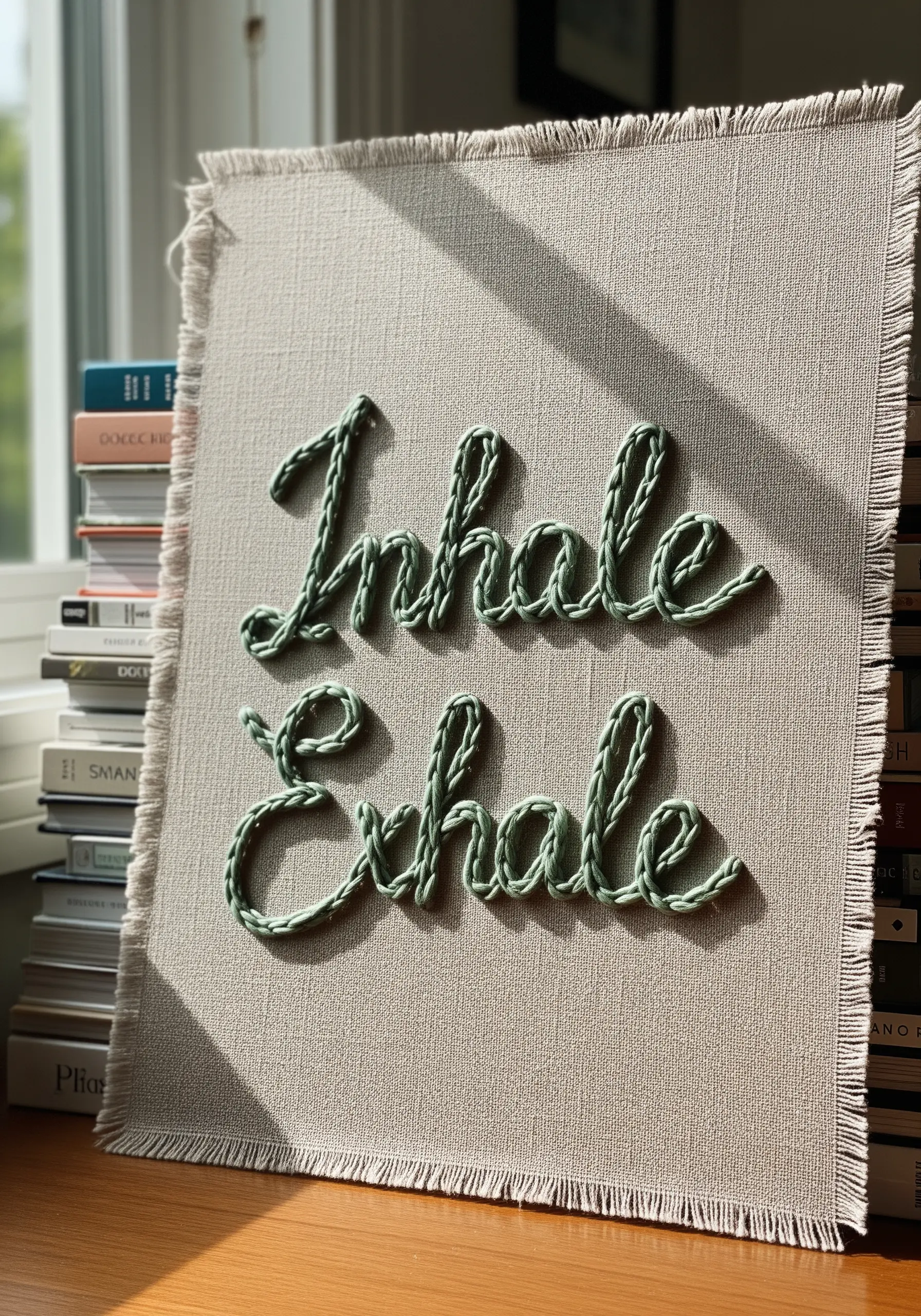 Green twisted yarn forms cursive words 'Inhale Exhale' on a frayed linen canvas.