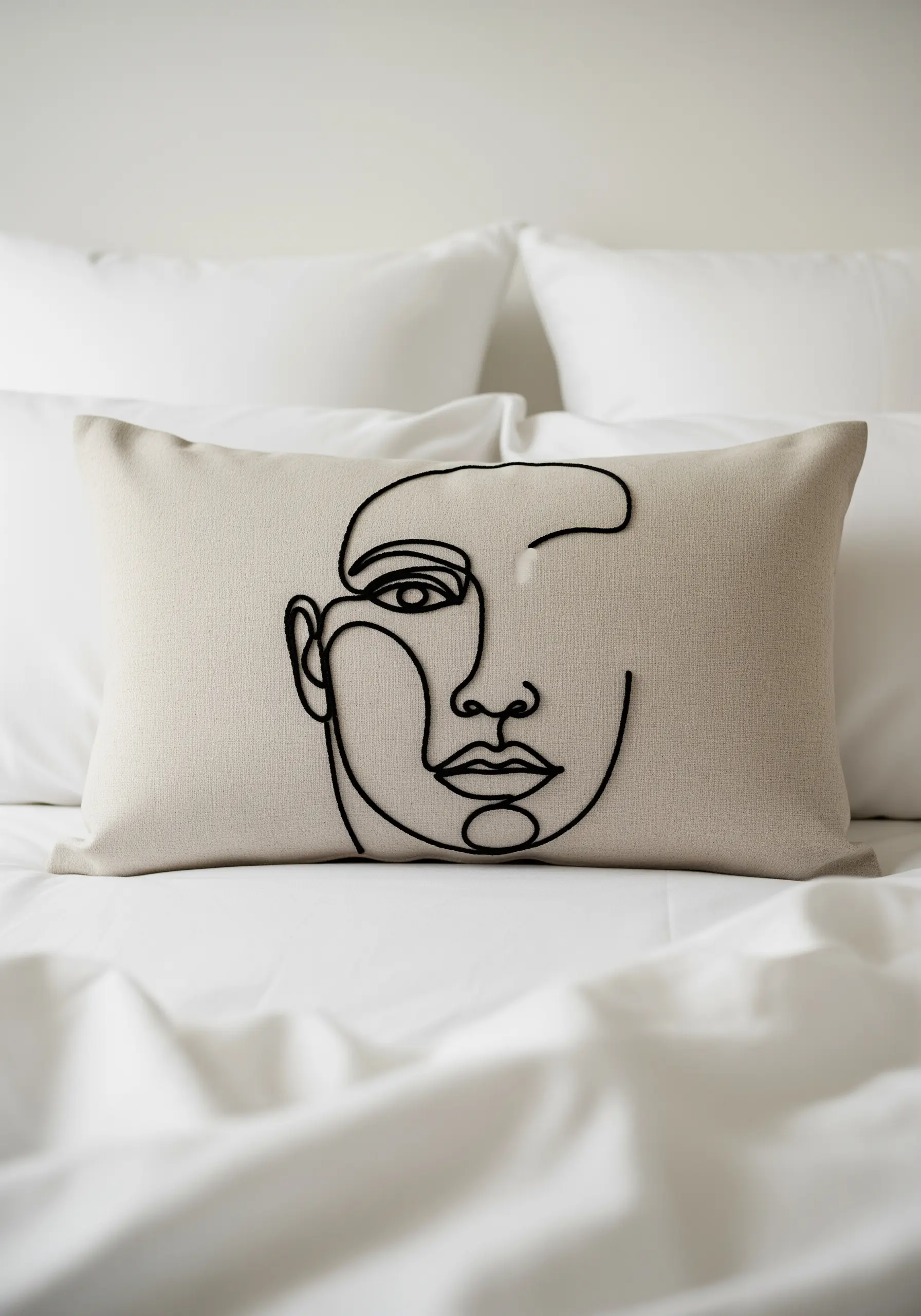 Abstract line art face created with a single, thick black cord couched onto a linen pillow.