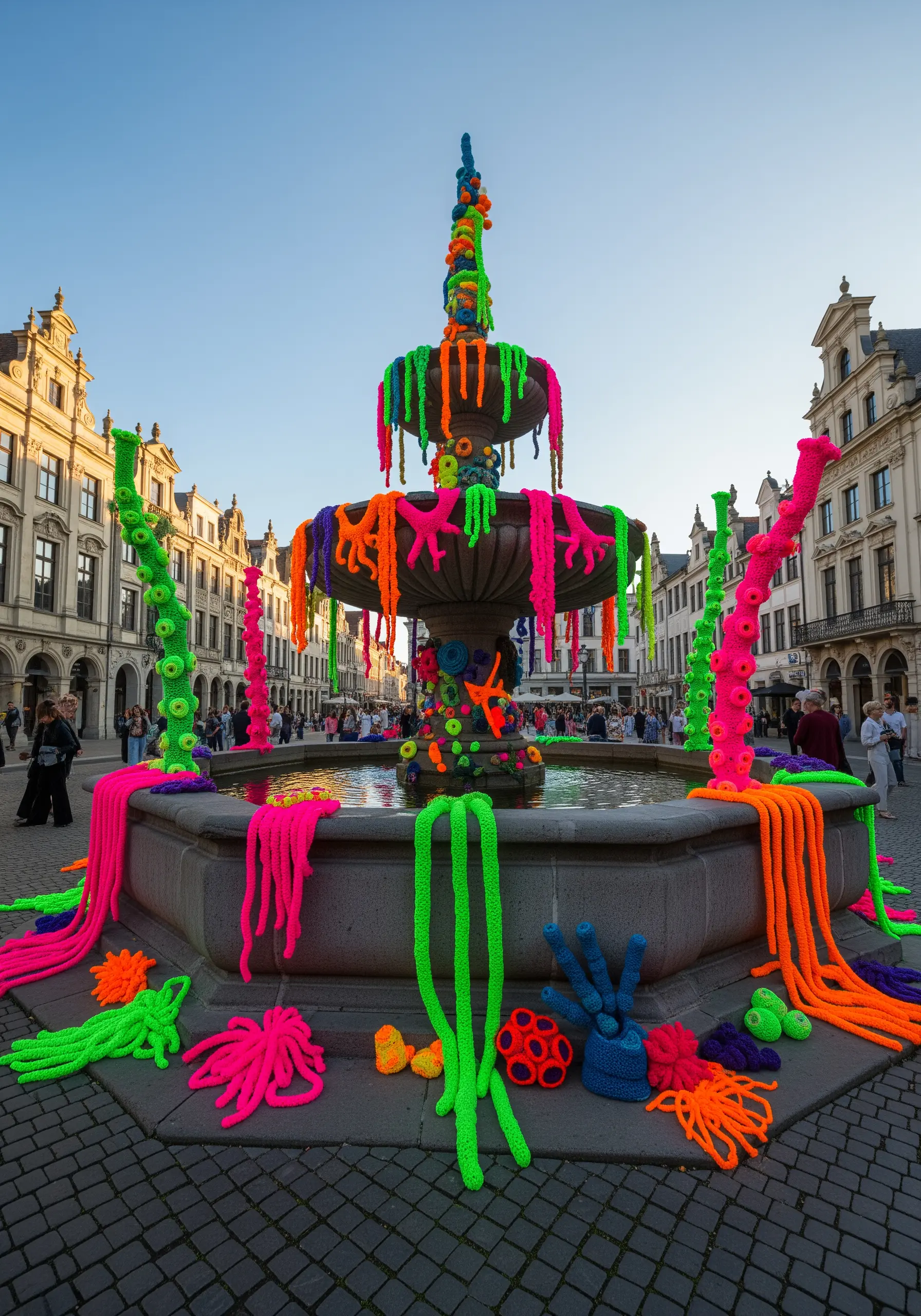 A historic fountain covered in neon pink, green, and orange crocheted tentacles.