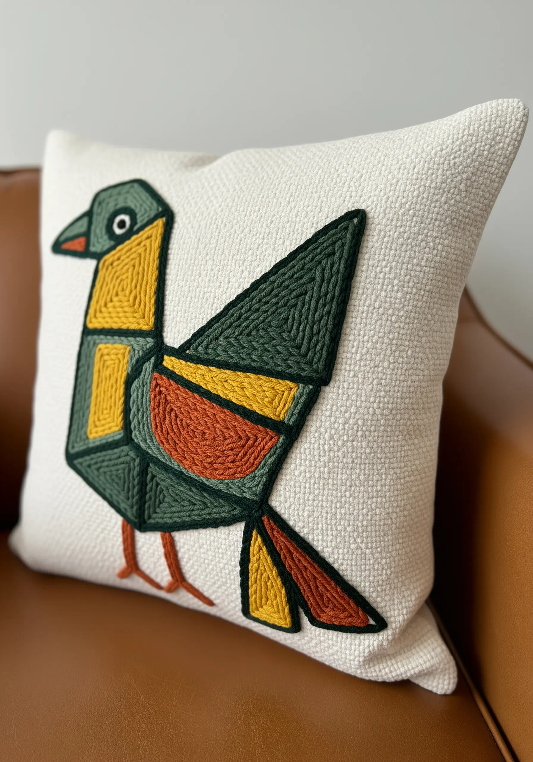 A Cubist-style bird motif on a pillow, created with couched thick yarn.