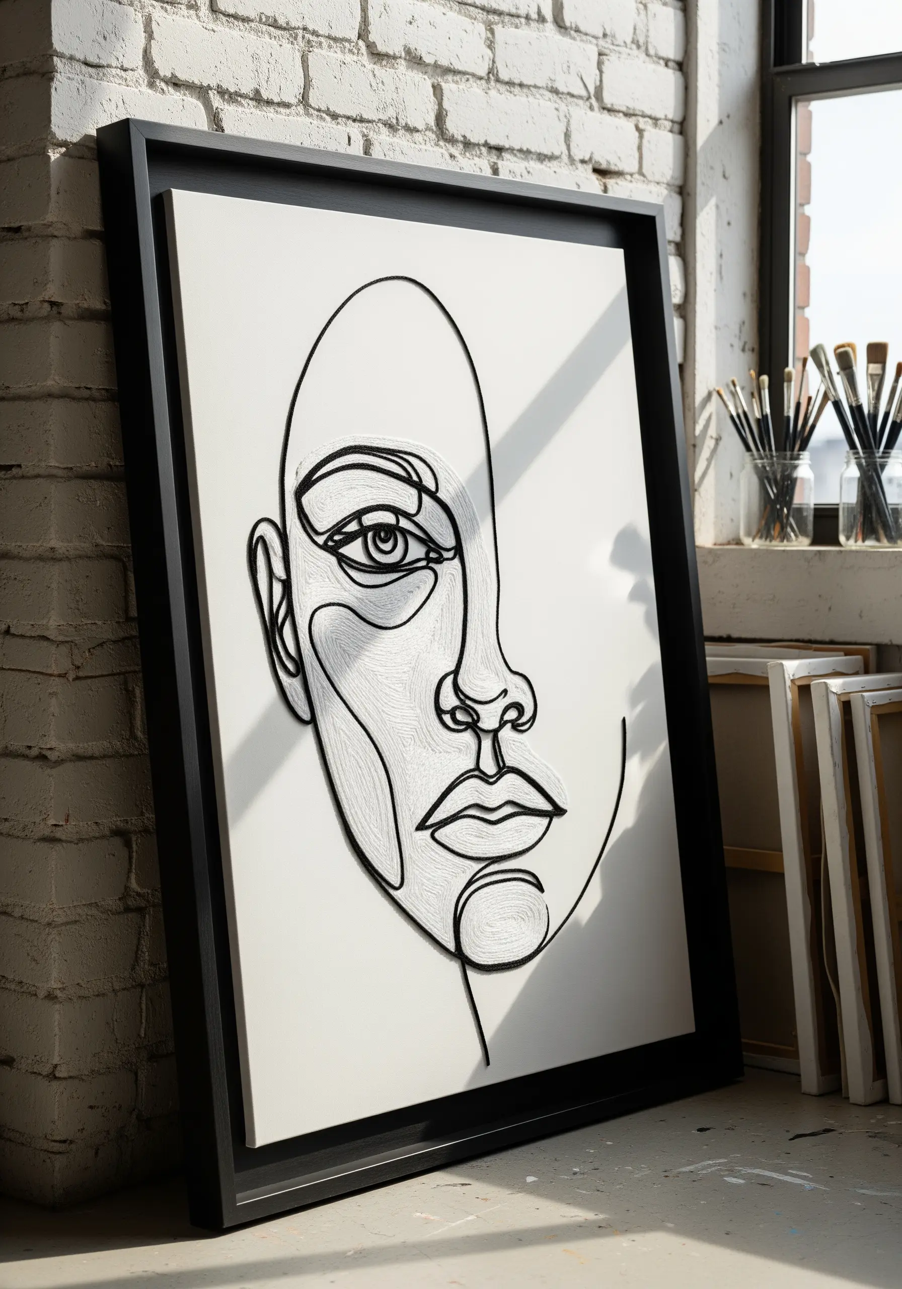 A large, framed abstract line art portrait created by couching thick black yarn onto a white canvas.