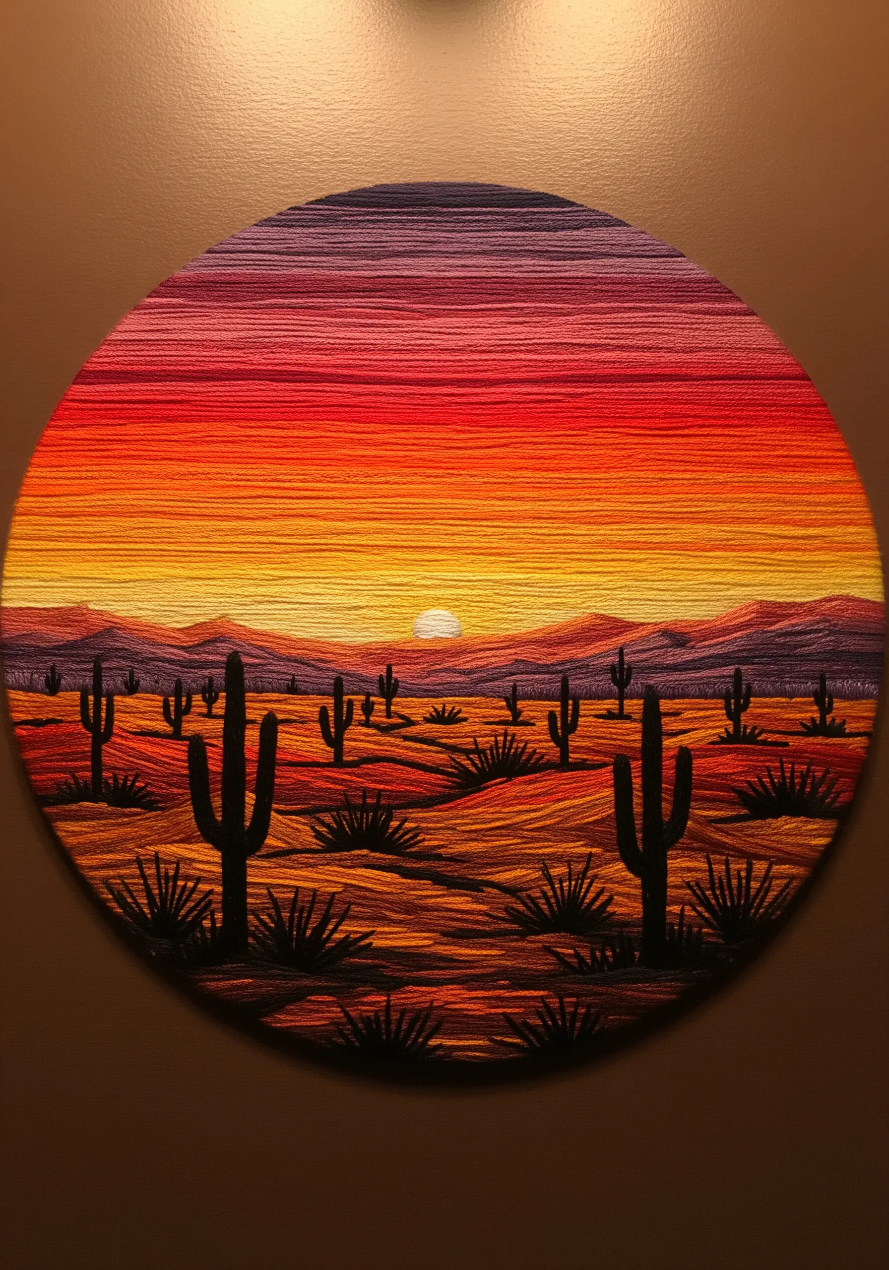 Circular embroidery of a desert sunset created with long, couched horizontal threads.