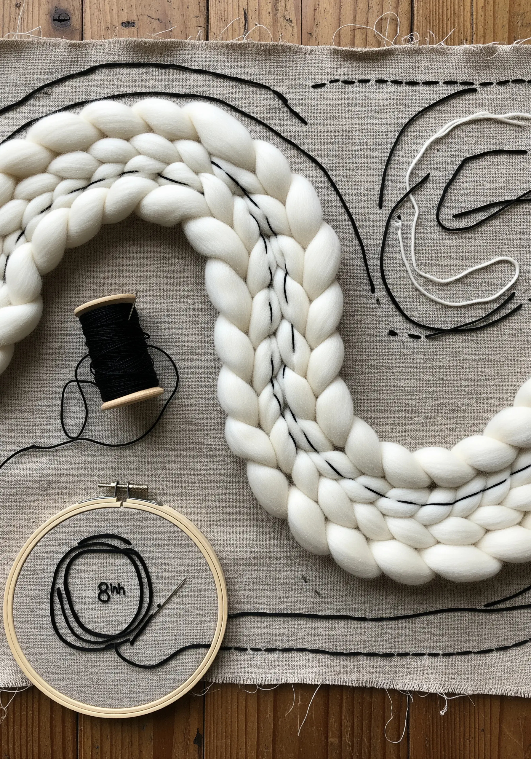 Couching a thick, white wool braid onto linen fabric with black thread.