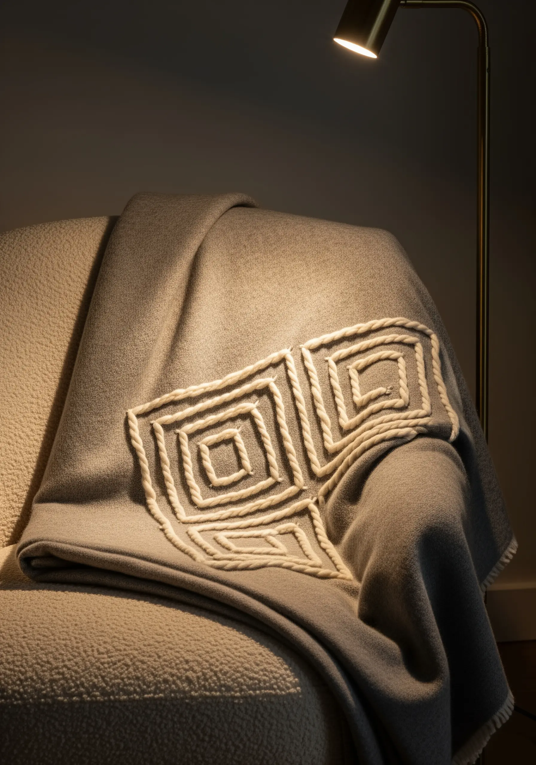 Chunky cream yarn couched in a geometric pattern on a gray wool blanket.